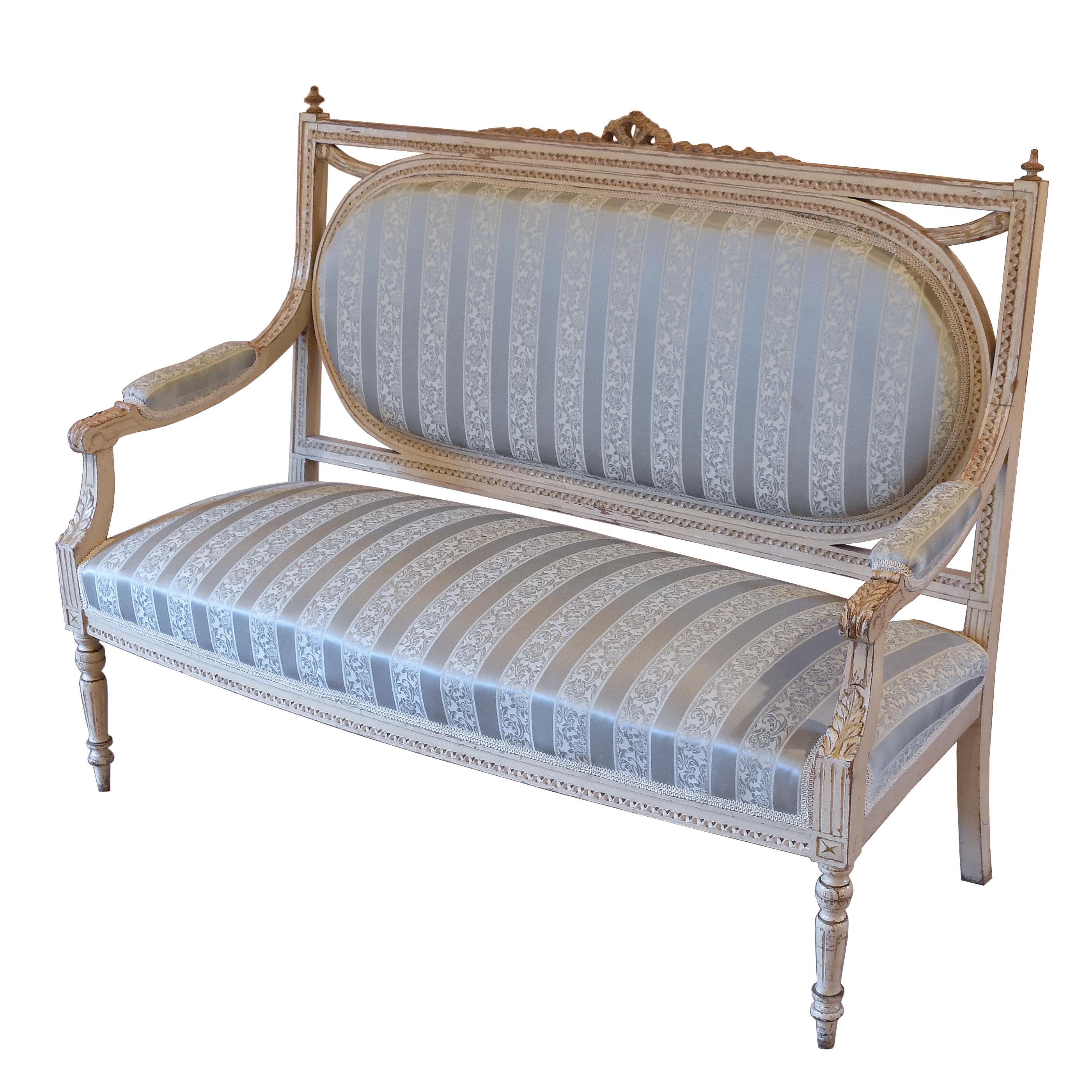 Hand-Painted Antique Swedish Louis XVI Style Settee w/ Painted White/Grey Frame & Upholstery
