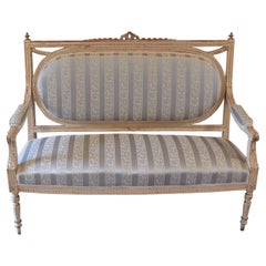 Antique Swedish Louis XVI Style Settee w/ Painted White/Grey Frame & Upholstery