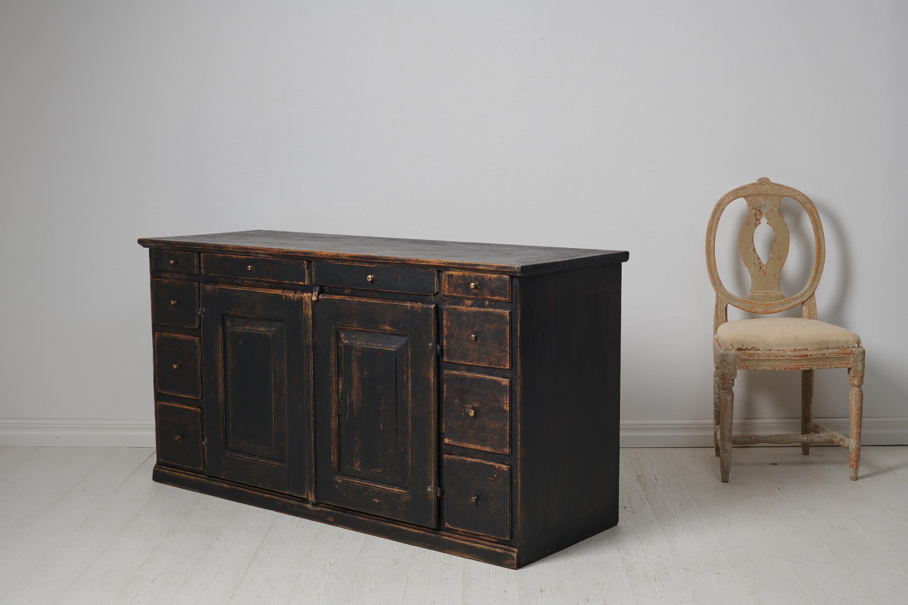 19th Century Antique Swedish Low and Wide Country Black Sideboard 