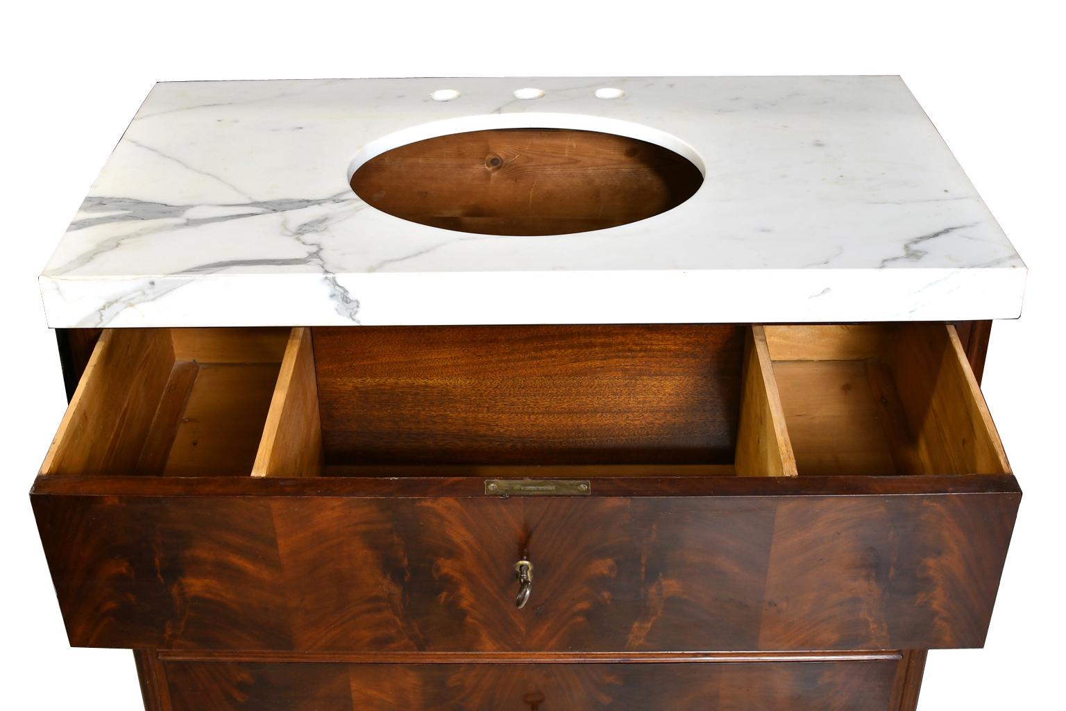 Polished Antique Swedish Mahogany Chest Adapted as Vanity with Calacatta Gold Marble Top