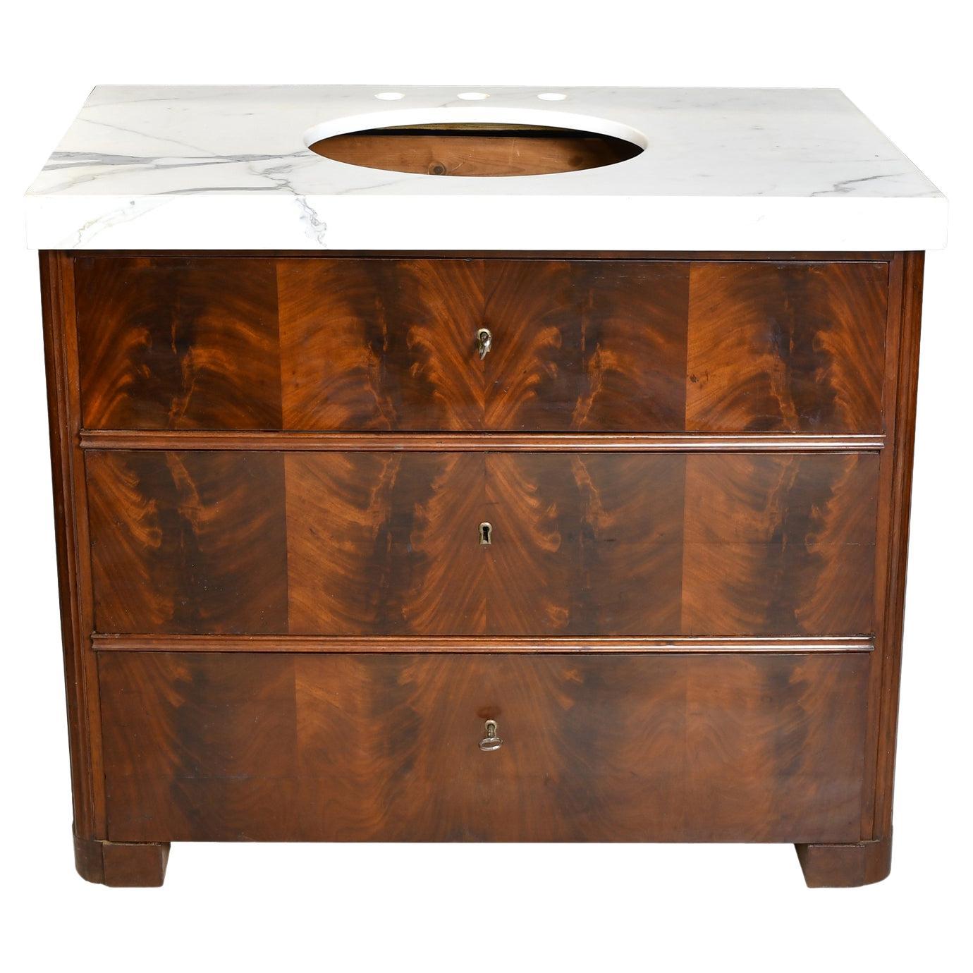 Antique Swedish Mahogany Chest Adapted as Vanity with Calacatta Gold Marble Top