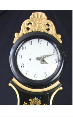 Antique Swedish Mora Clock Black 1800s Highly Decorative Gilt Trompe L'Oeil