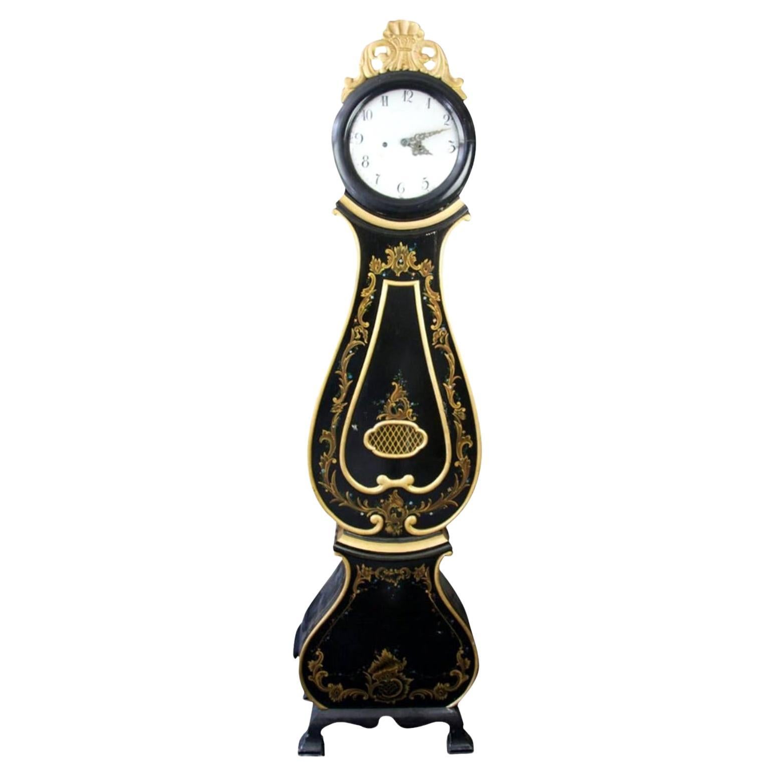 Antiguo Reloj Sueco Mora Clocks Negro 1800 Muy Decorativo Trompe L'Oeil Dorado en venta