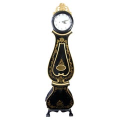 Antique Swedish Mora Clock Black 1800s Highly Decorative Gilt Trompe L'Oeil