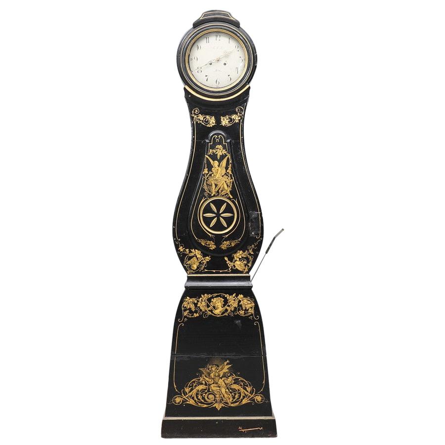 Antique Swedish Mora Clock Black Gold Angel Motif Early 1800s Hand Painted