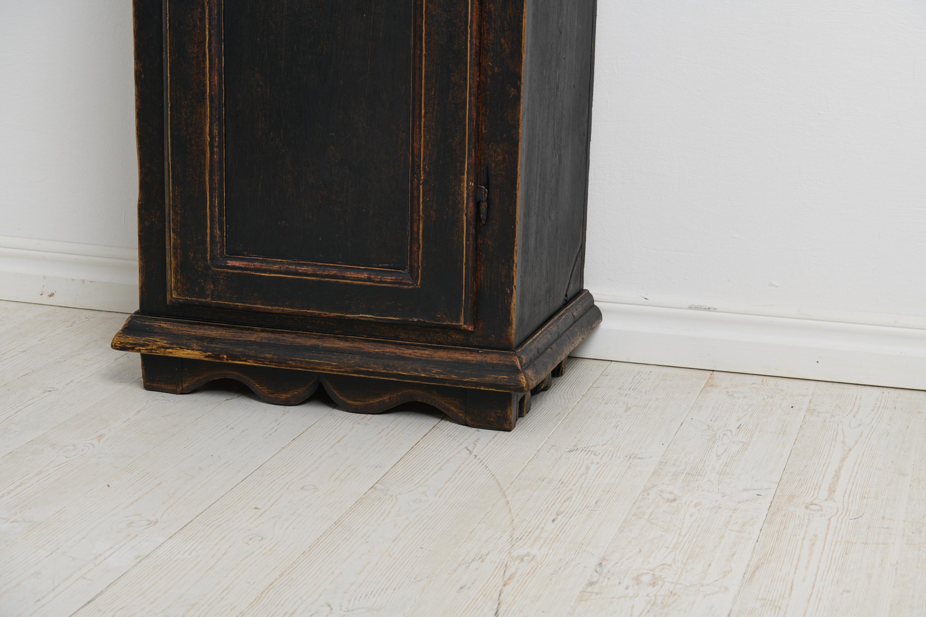 Antique Swedish Narrow and Tall Cabinet with Shelves and Distressed Black Paint For Sale 3