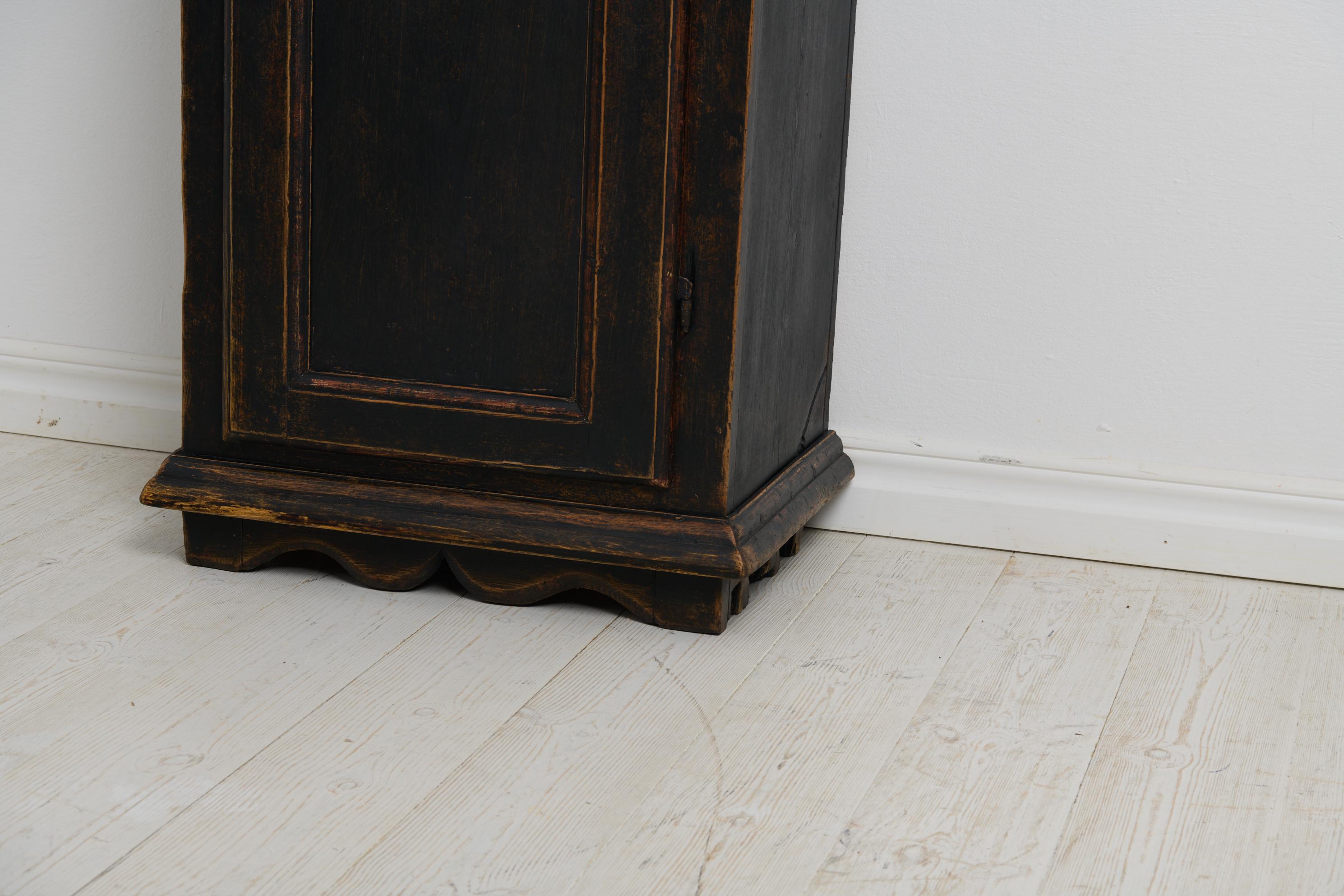 Antique Swedish Narrow and Tall Cabinet with Shelves and Distressed Black Paint For Sale 4