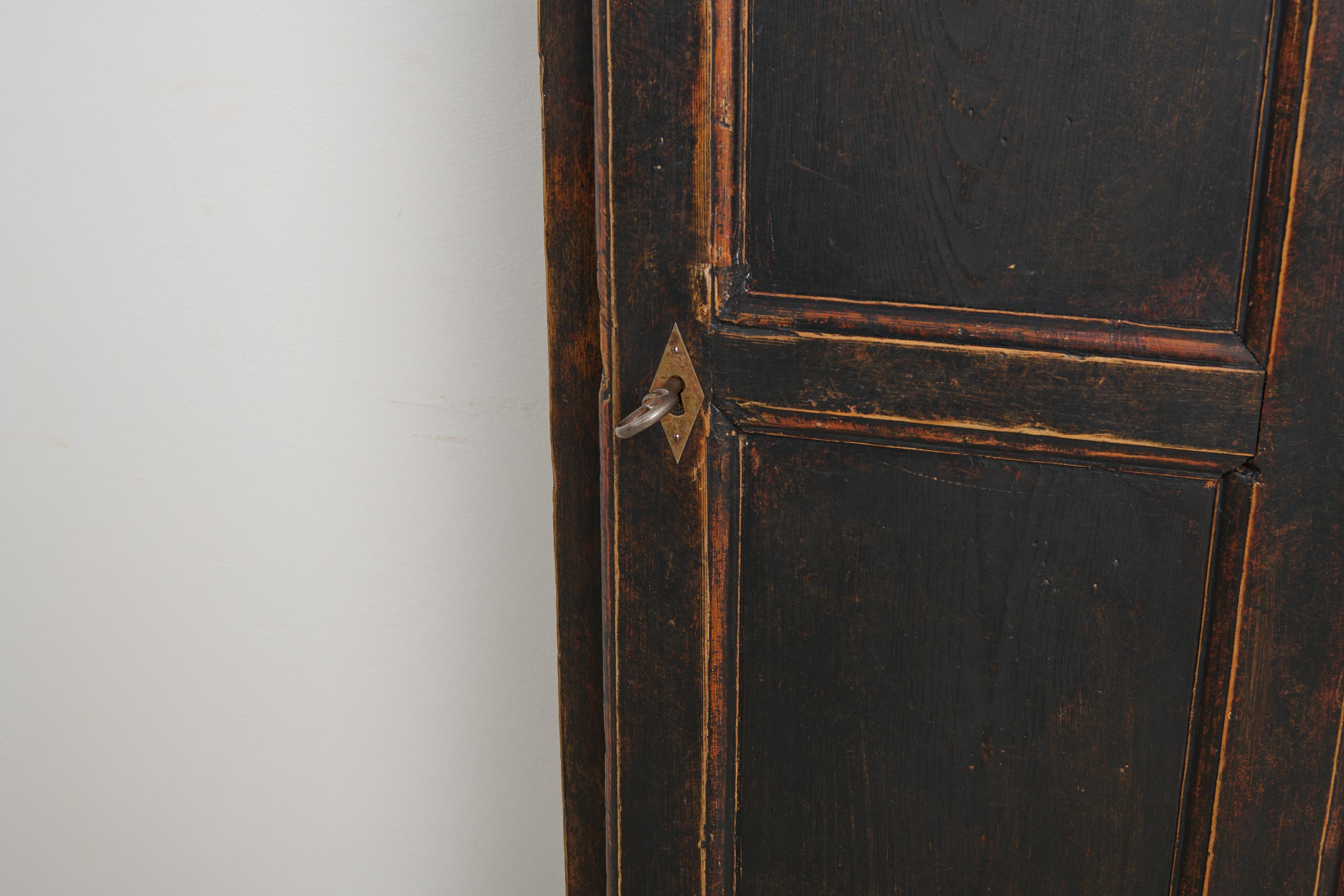 Antique Swedish Narrow and Tall Cabinet with Shelves and Distressed Black Paint For Sale 6
