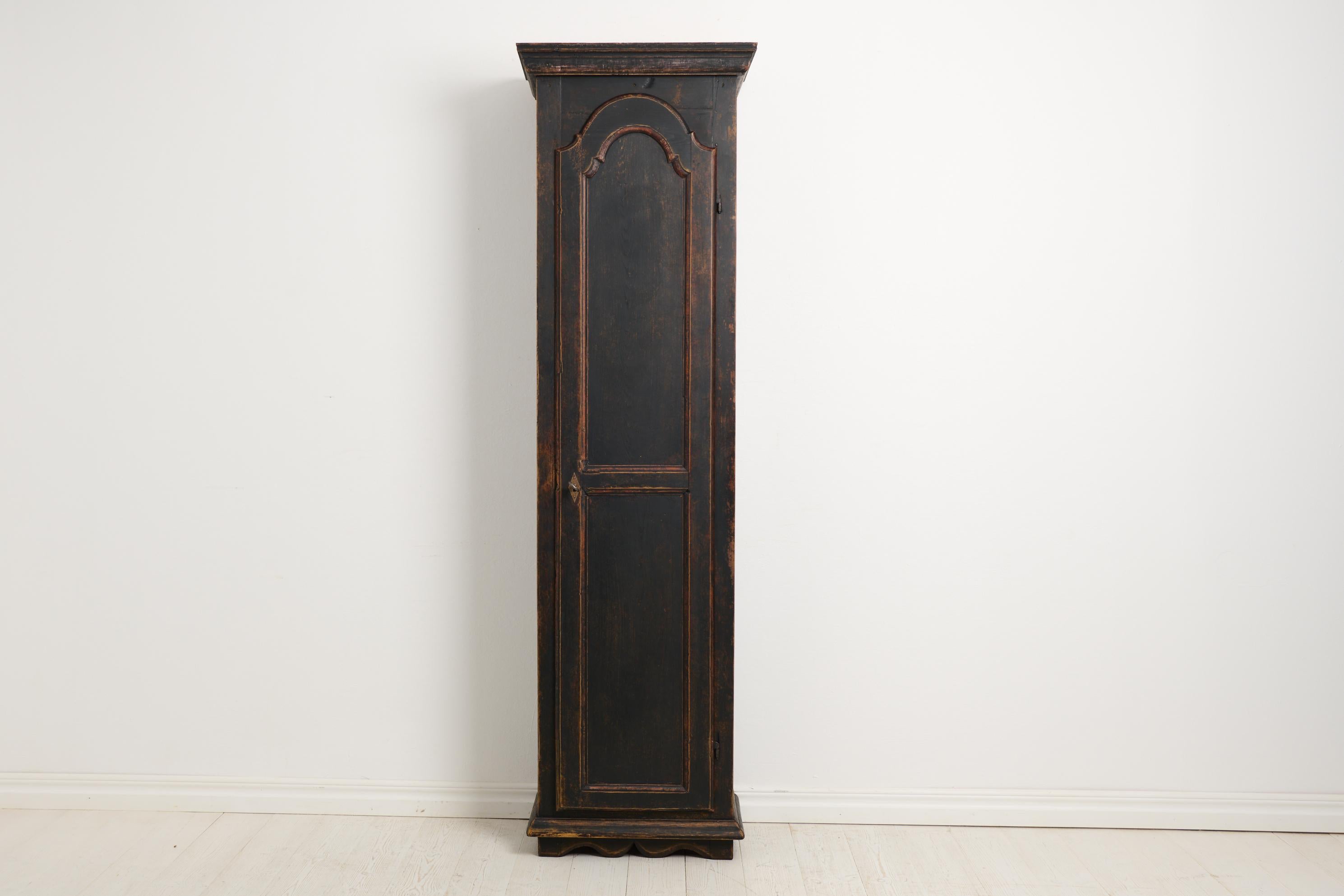 Hand-Crafted Antique Swedish Narrow and Tall Cabinet with Shelves and Distressed Black Paint For Sale