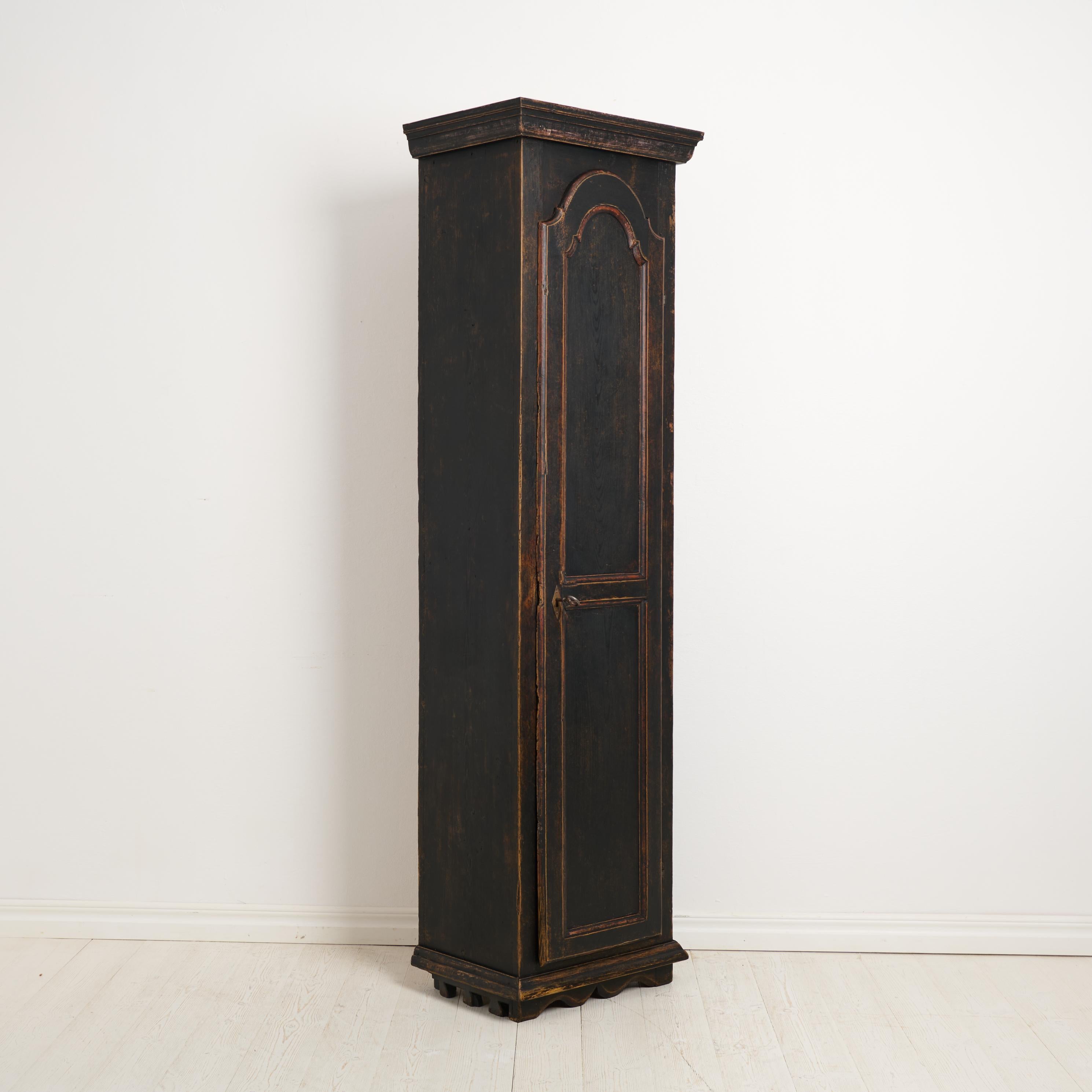 19th Century Antique Swedish Narrow and Tall Cabinet with Shelves and Distressed Black Paint For Sale