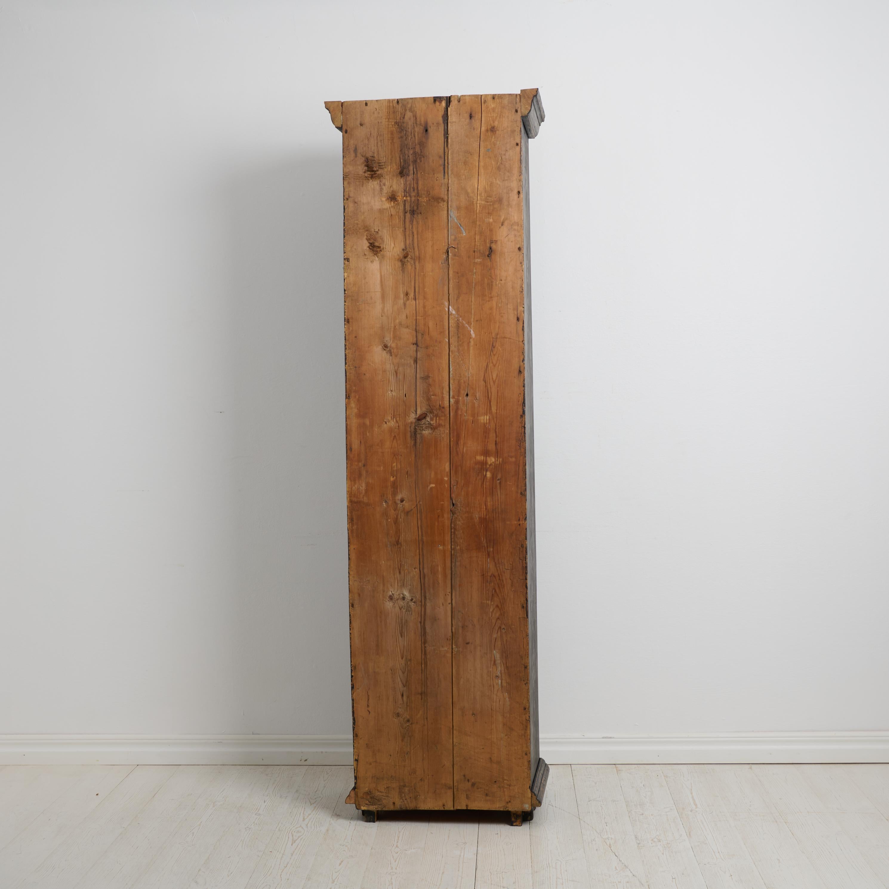 Pine Antique Swedish Narrow and Tall Cabinet with Shelves and Distressed Black Paint For Sale