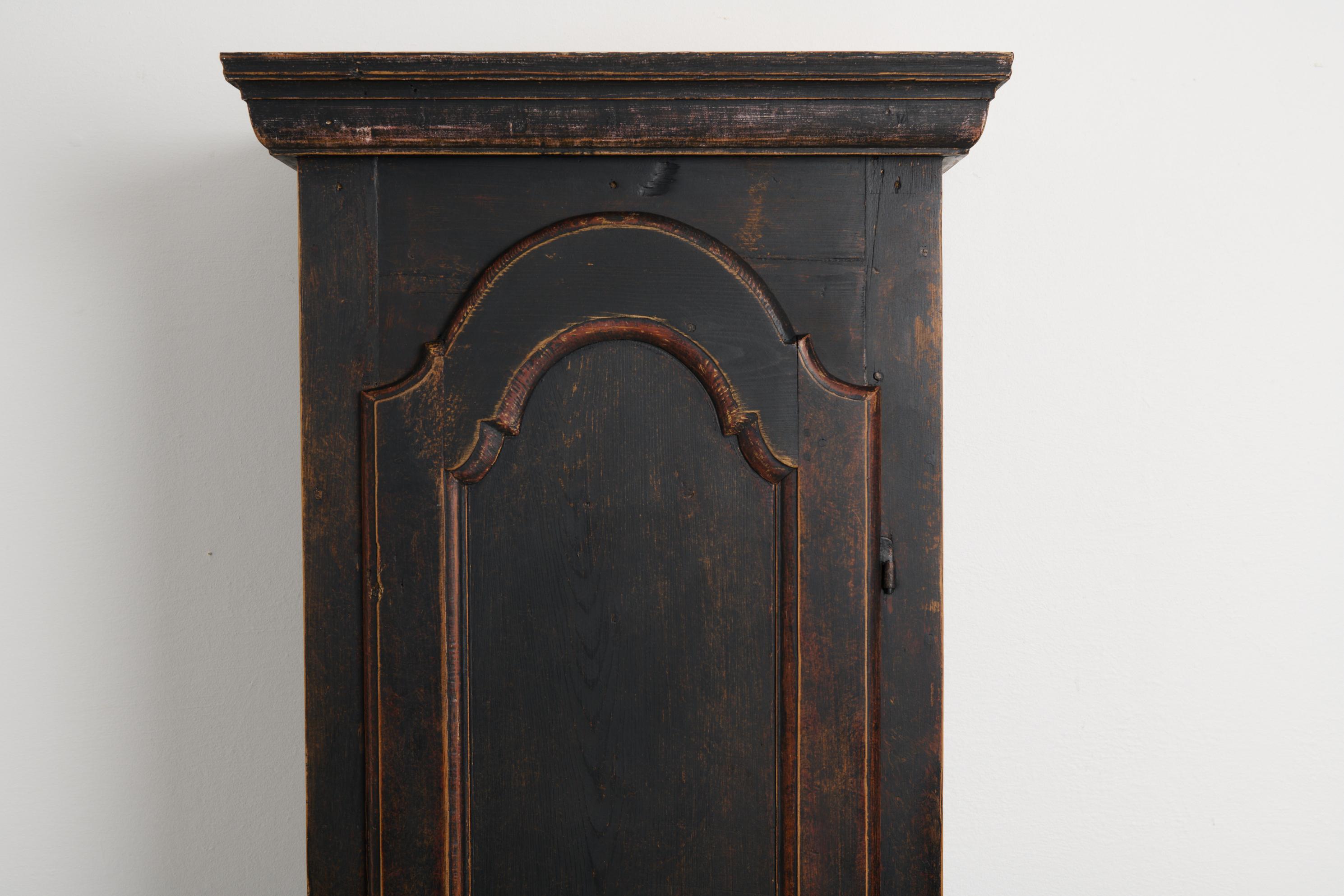 Antique Swedish Narrow and Tall Cabinet with Shelves and Distressed Black Paint For Sale 1