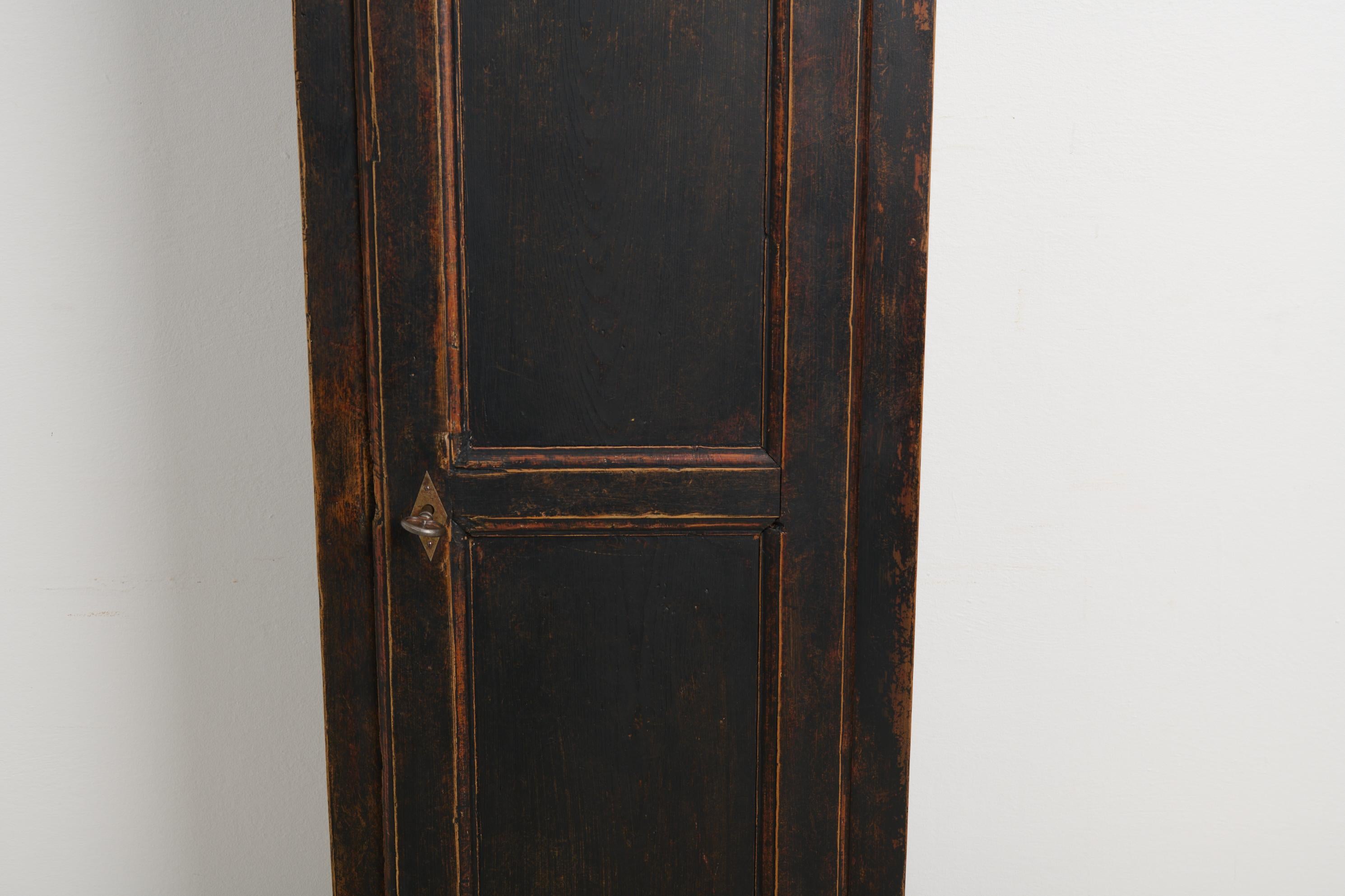 Antique Swedish Narrow and Tall Cabinet with Shelves and Distressed Black Paint For Sale 2