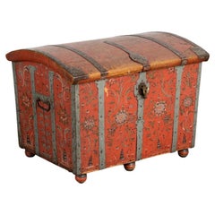 Antique Swedish Original Red Painted Small Dome Top Trunk, Dated 1803