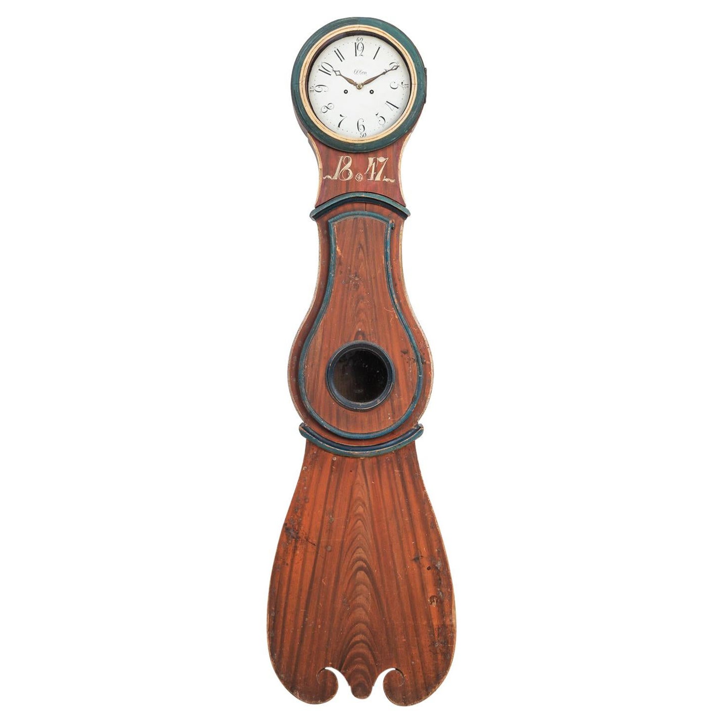 Antique Swedish Painted Pine Long Case Clock with Original Clock Mechanism