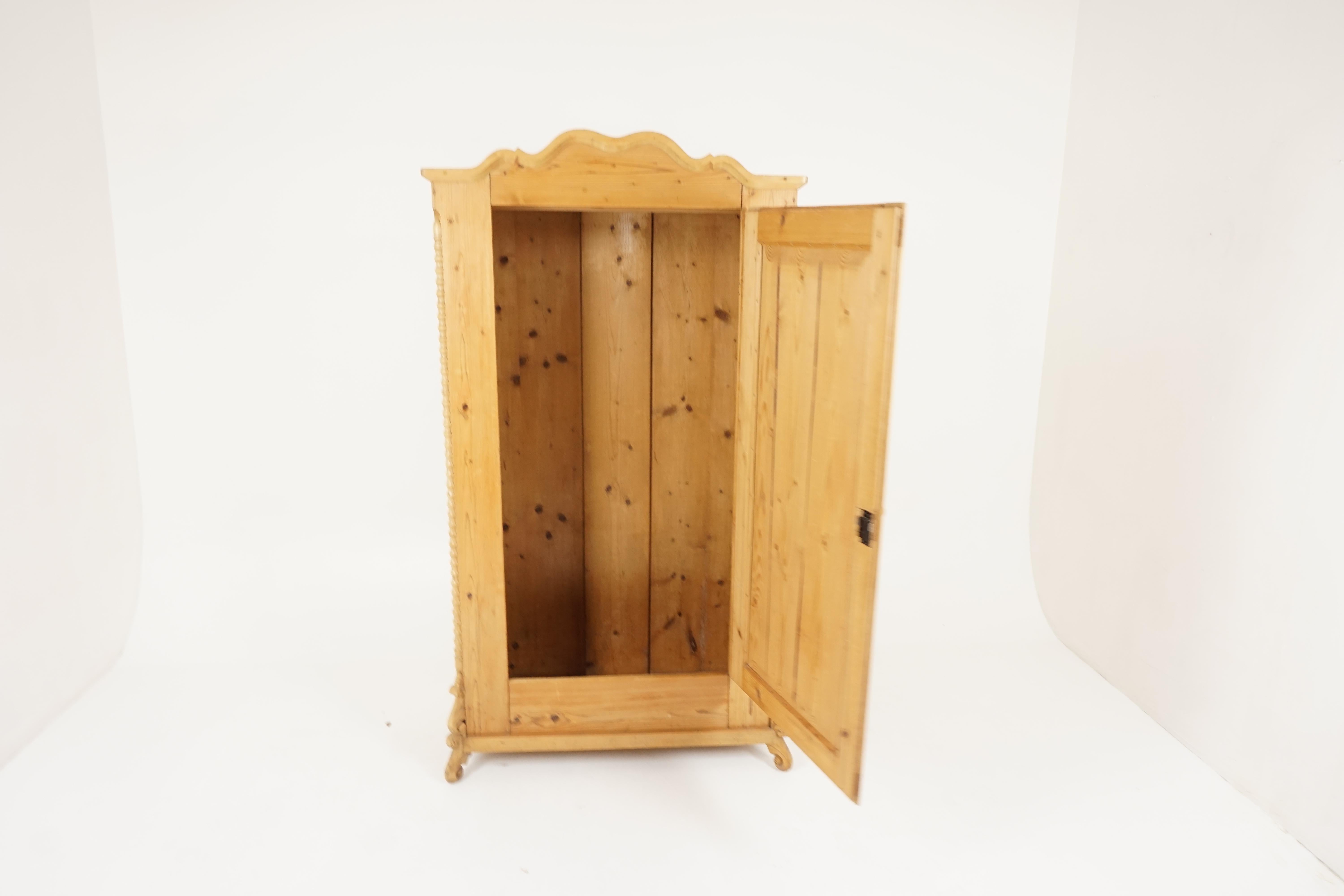 Antique Swedish pine armoire, wardrobe, closet, Sweden 1880, B2166

Sweden, 1880
Solid pine
Original finish
Shaped top with moulding to the front
Single paneled door with wooden knob
Opens to reveal two rows of 14 wooden hooks for hanging