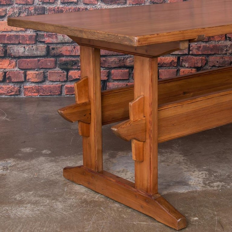 Antique Swedish Pine Farm Trestle Table or Harvest Table For Sale at