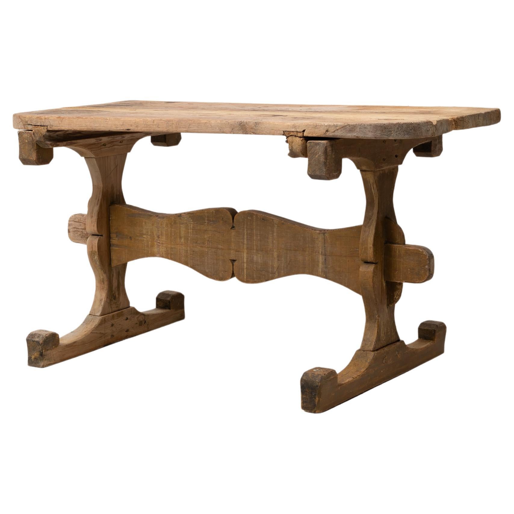Antique Swedish Pine Folk Art Trestle Table