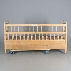 Antique Swedish Pine Kitchen Sofa with Carved Spindles, Gustavian Legs & Details