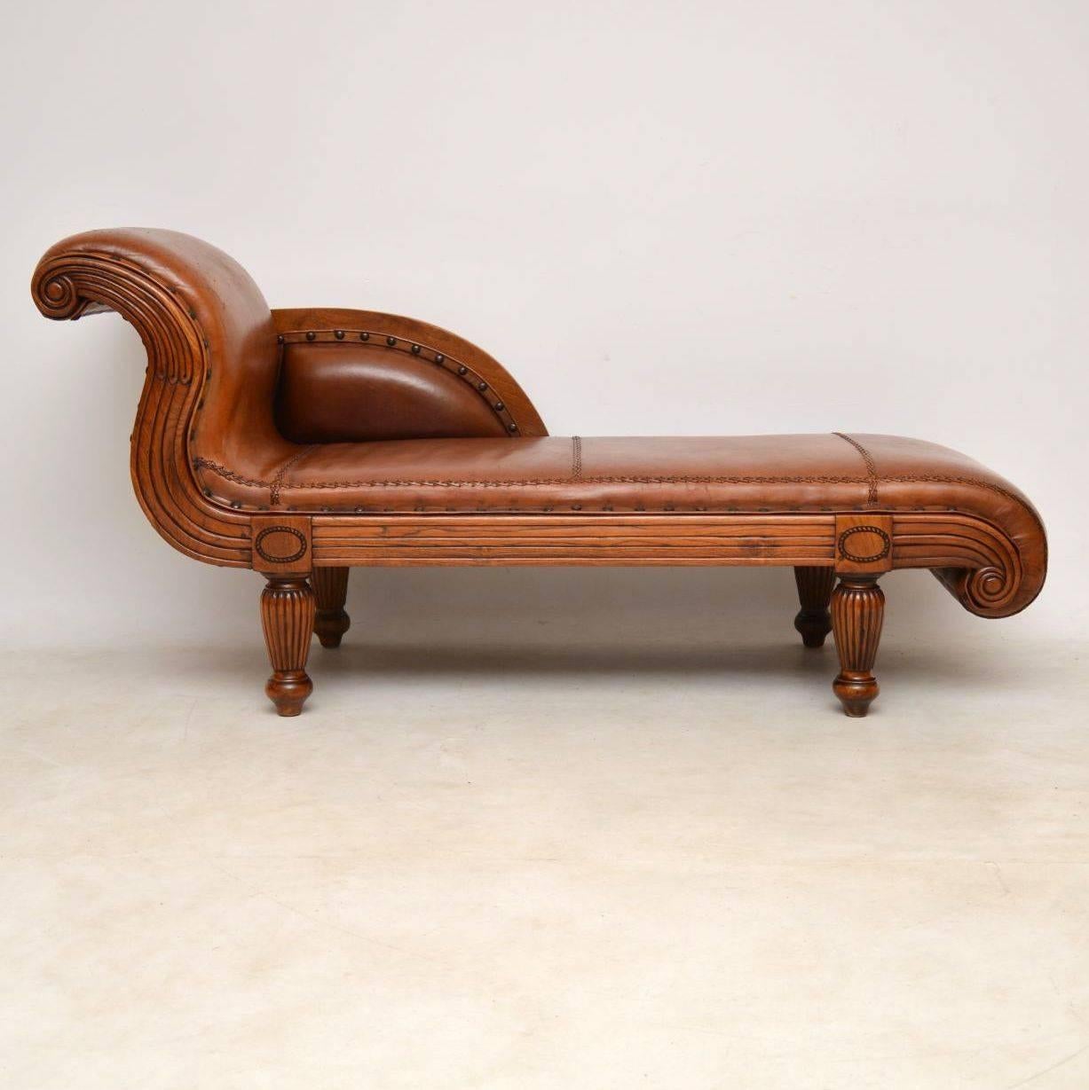 This antique Swedish chaise longue is a stunning piece of furniture and very stylish too. The frame is solid walnut and the leather upholstery is all original. I would date this piece to circa 1880s-1890s period, although the style is Regency. The