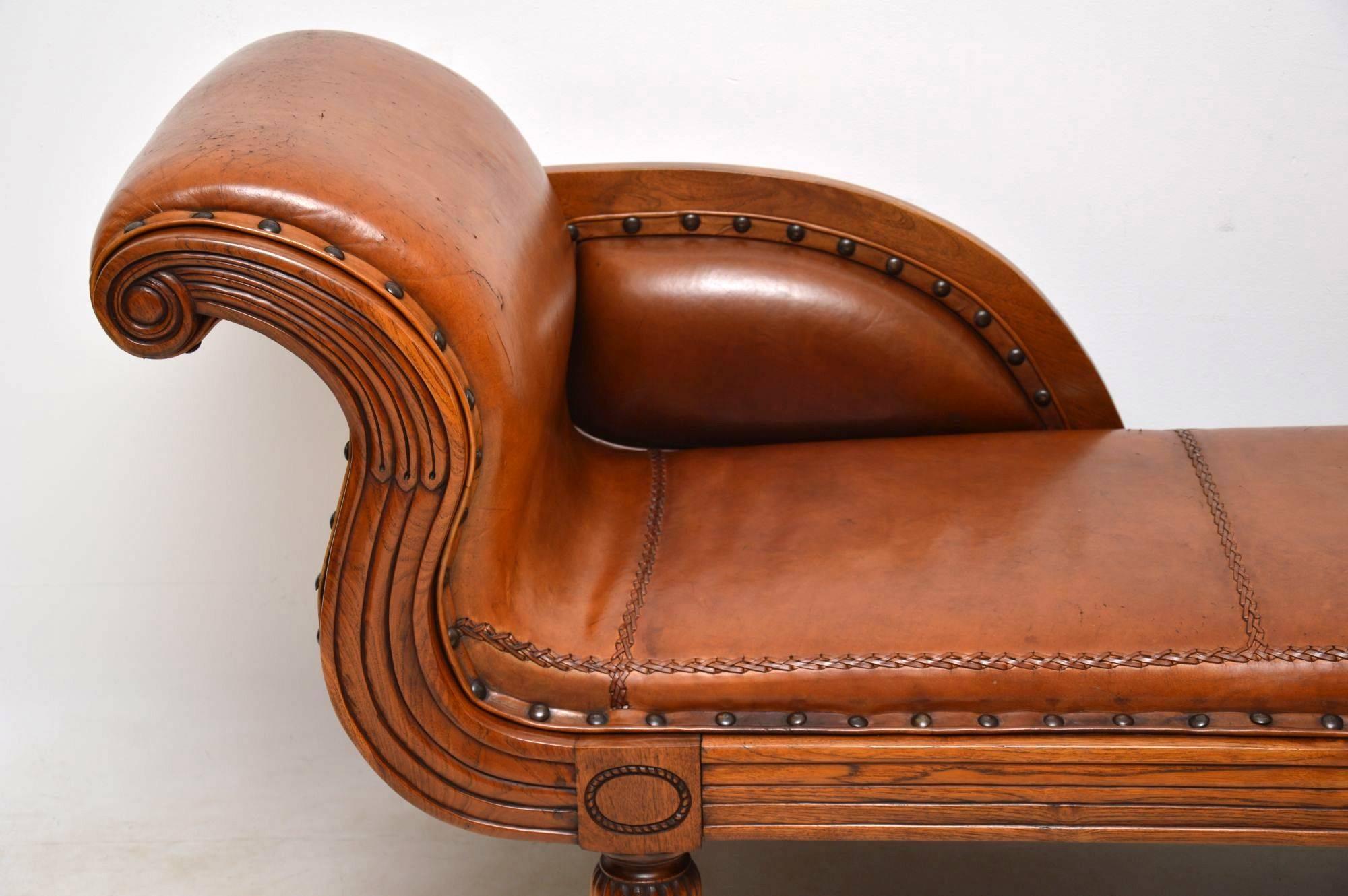 Victorian Antique Swedish Regency Leather and Walnut Chaise Longue