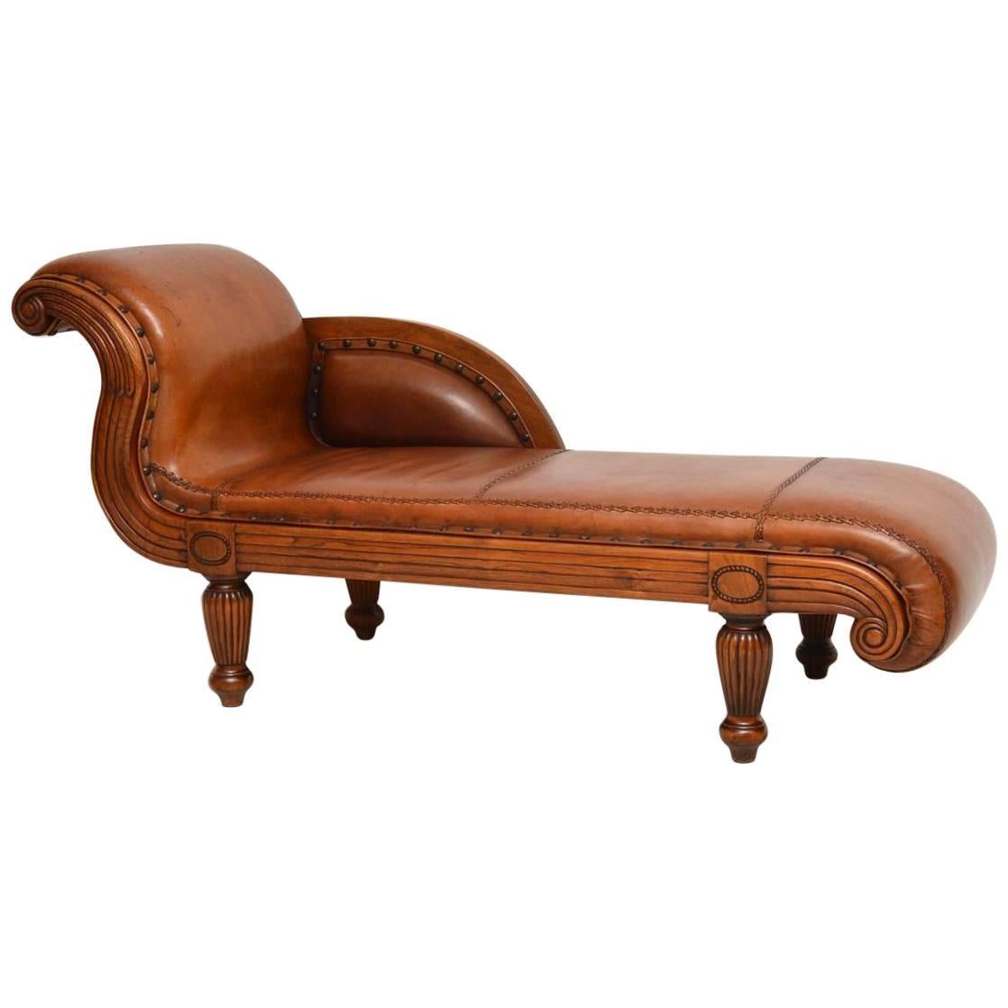 Antique Swedish Regency Leather and Walnut Chaise Longue