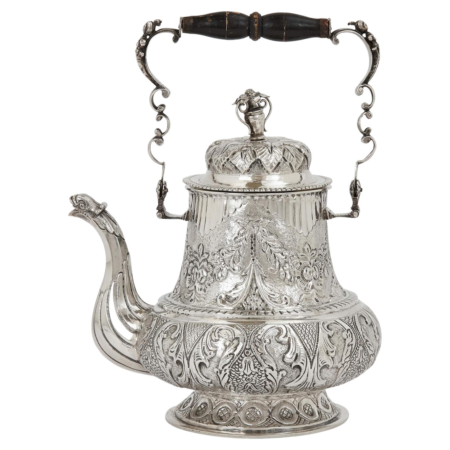 Antique Swedish Repoussé and Engraved Silver Teapot For Sale