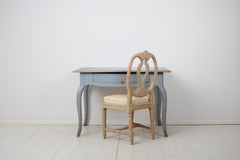 Antique Swedish Rococo Desk with Light Blue Paint, Drawer and Curved Rococo Legs