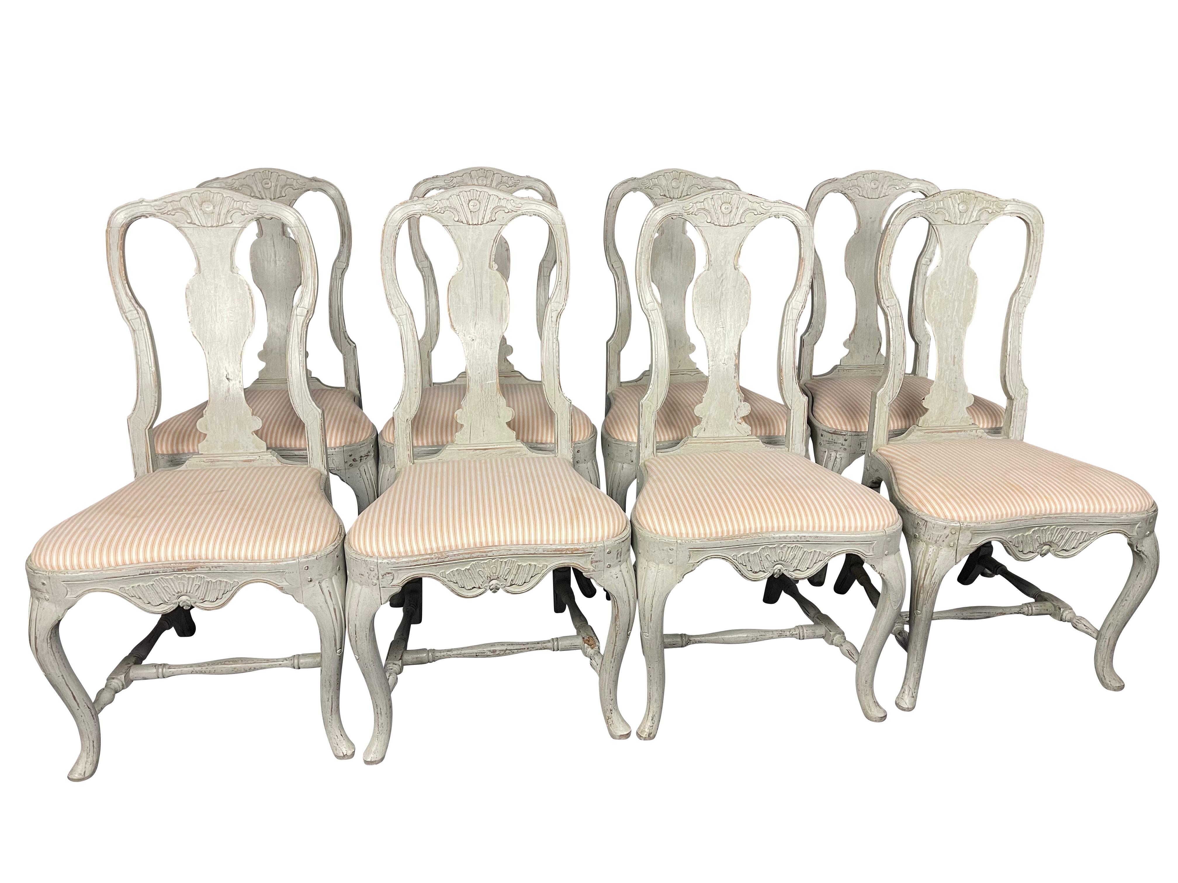 Antique 19thC Swedish Rococo Lime Washed Queen Anne Dining Chairs, Set of 8 For Sale 1