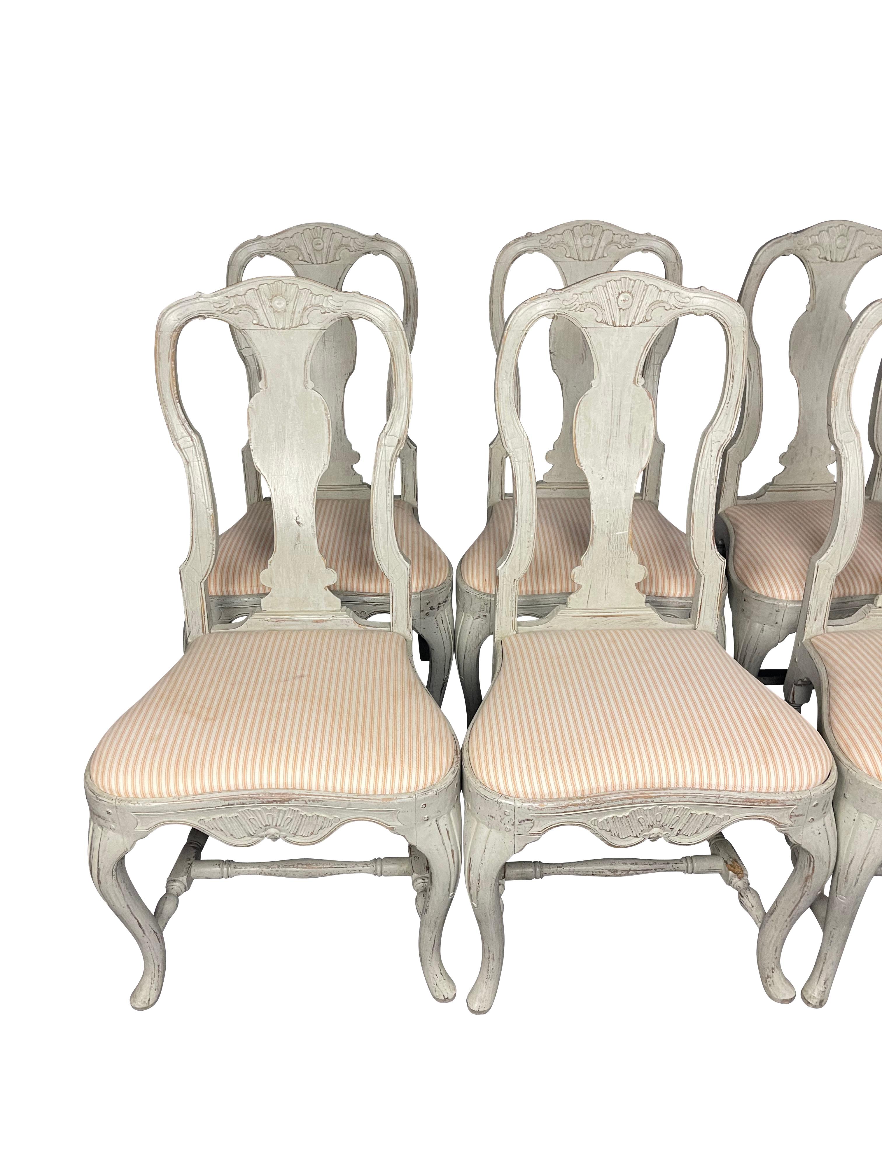 Antique 19thC Swedish Rococo Lime Washed Queen Anne Dining Chairs, Set of 8 For Sale 2