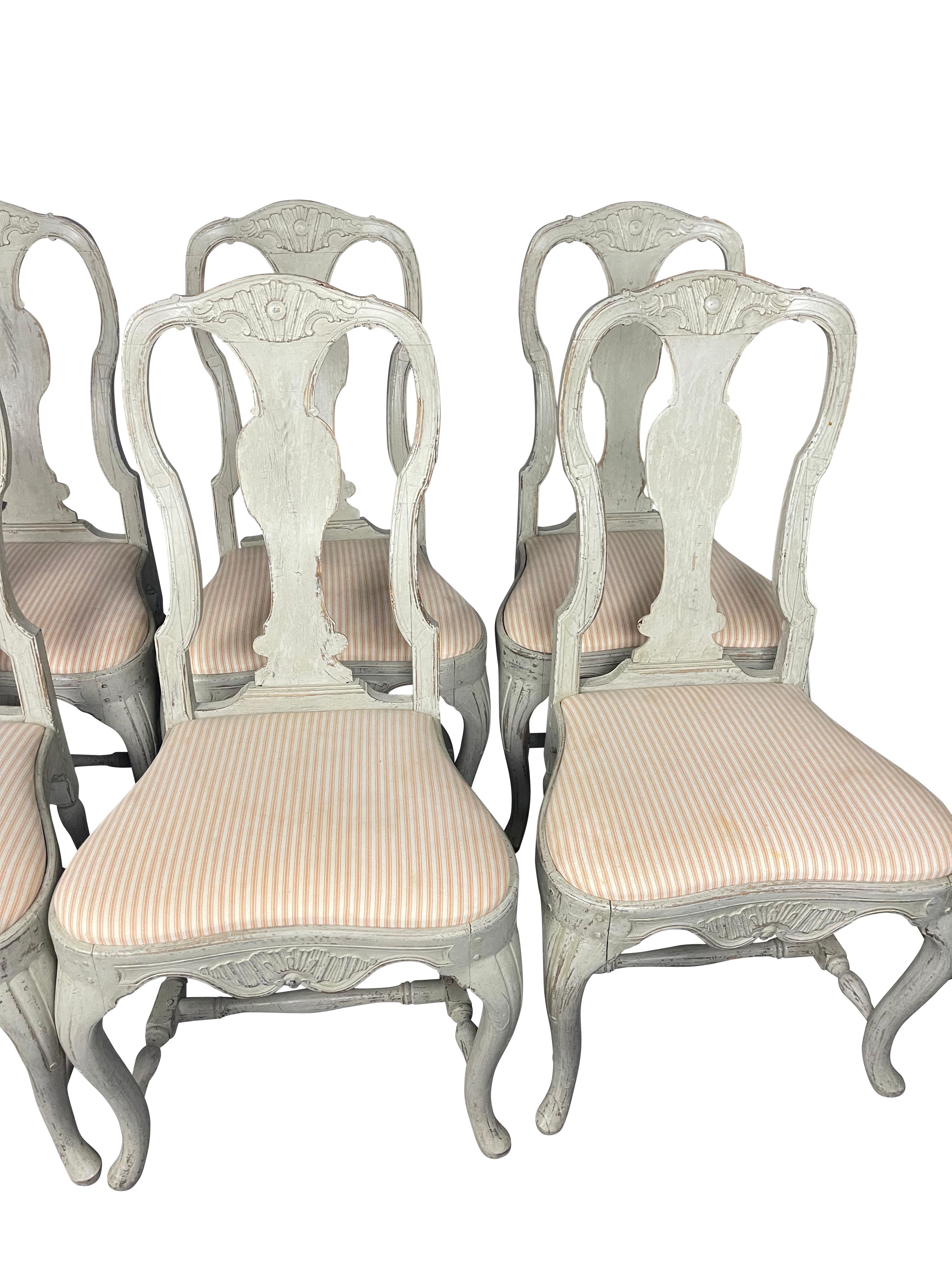 Antique 19thC Swedish Rococo Lime Washed Queen Anne Dining Chairs, Set of 8 For Sale 3