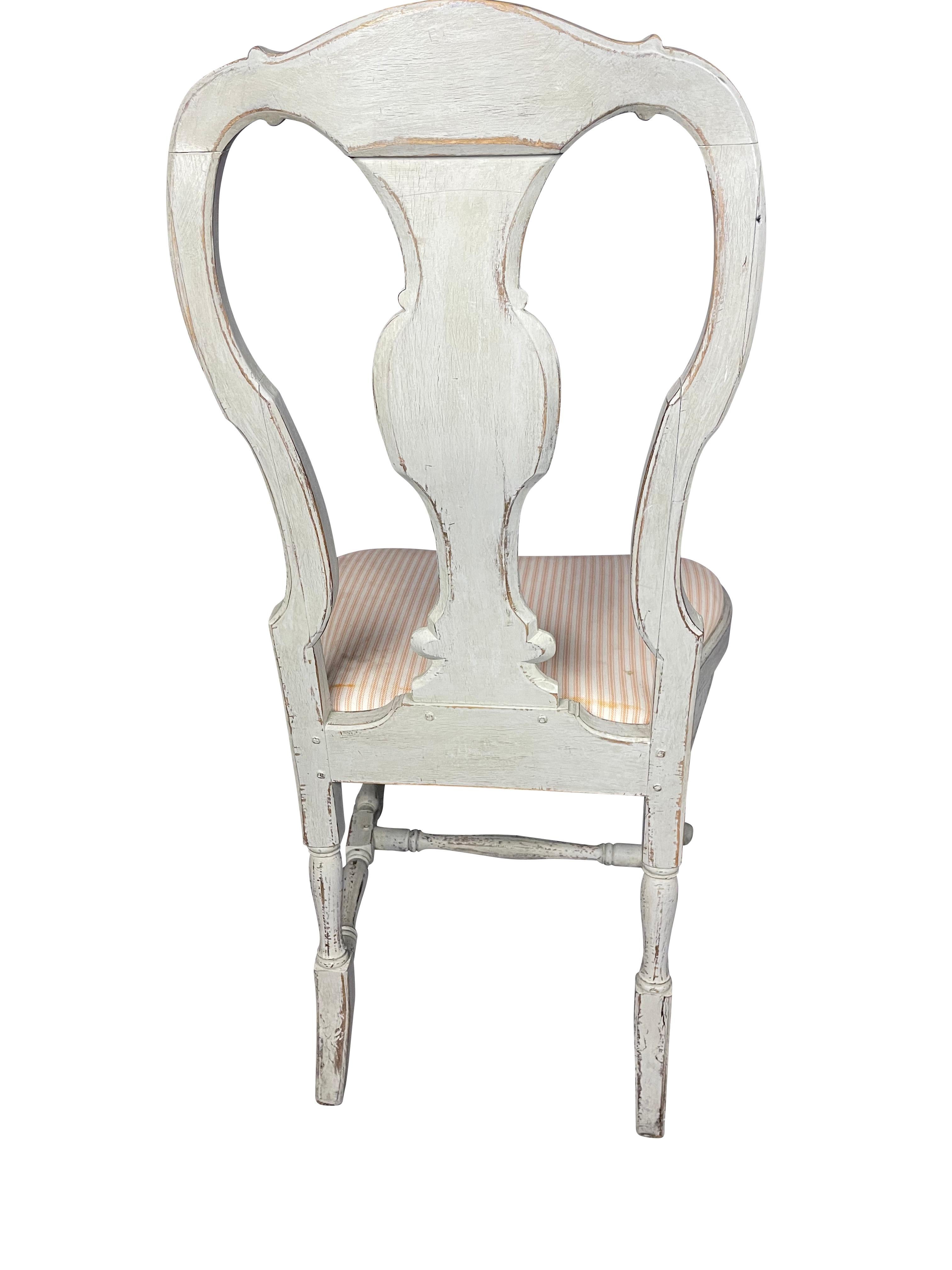 Antique 19thC Swedish Rococo Lime Washed Queen Anne Dining Chairs, Set of 8 In Good Condition For Sale In Essex, MA