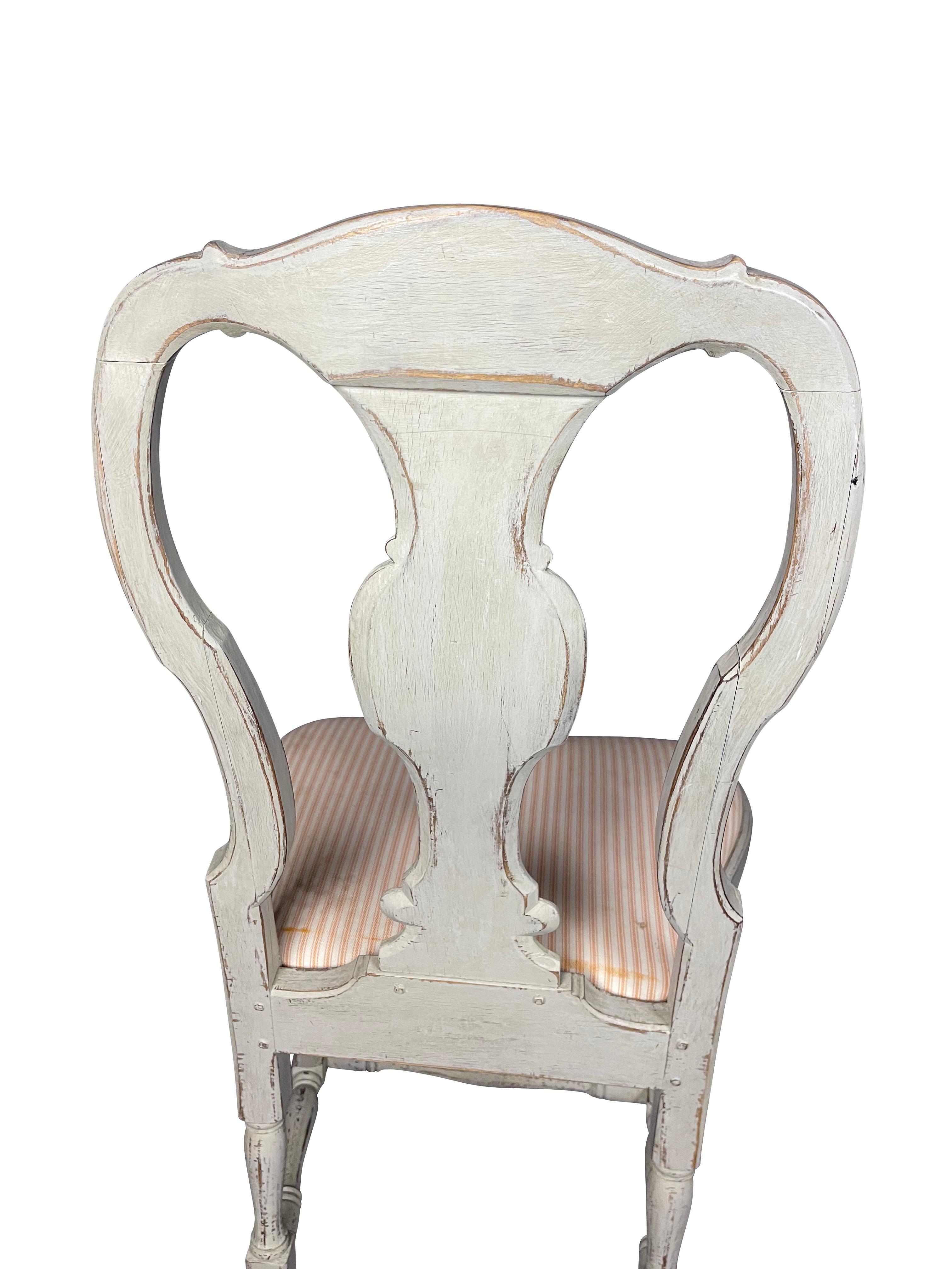 19th Century Antique 19thC Swedish Rococo Lime Washed Queen Anne Dining Chairs, Set of 8 For Sale