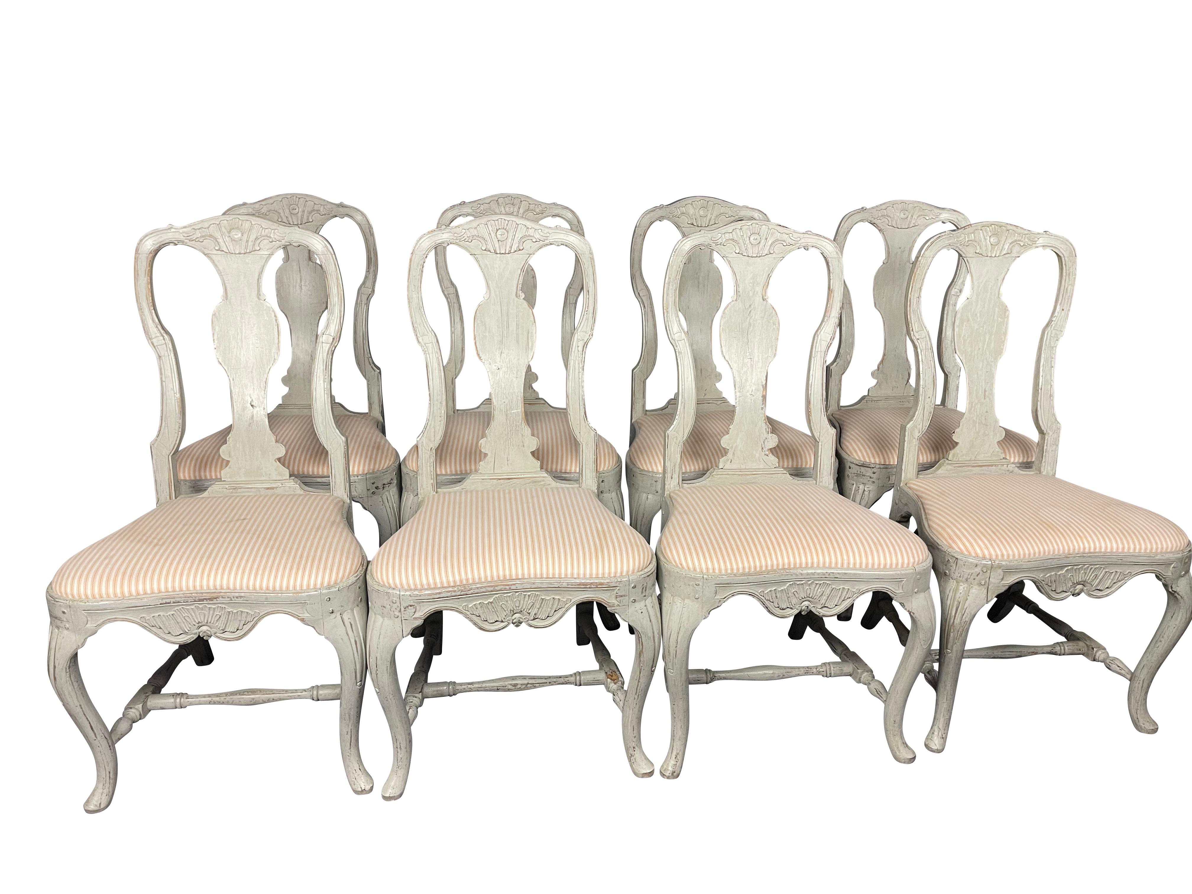 Wood Antique 19thC Swedish Rococo Lime Washed Queen Anne Dining Chairs, Set of 8 For Sale