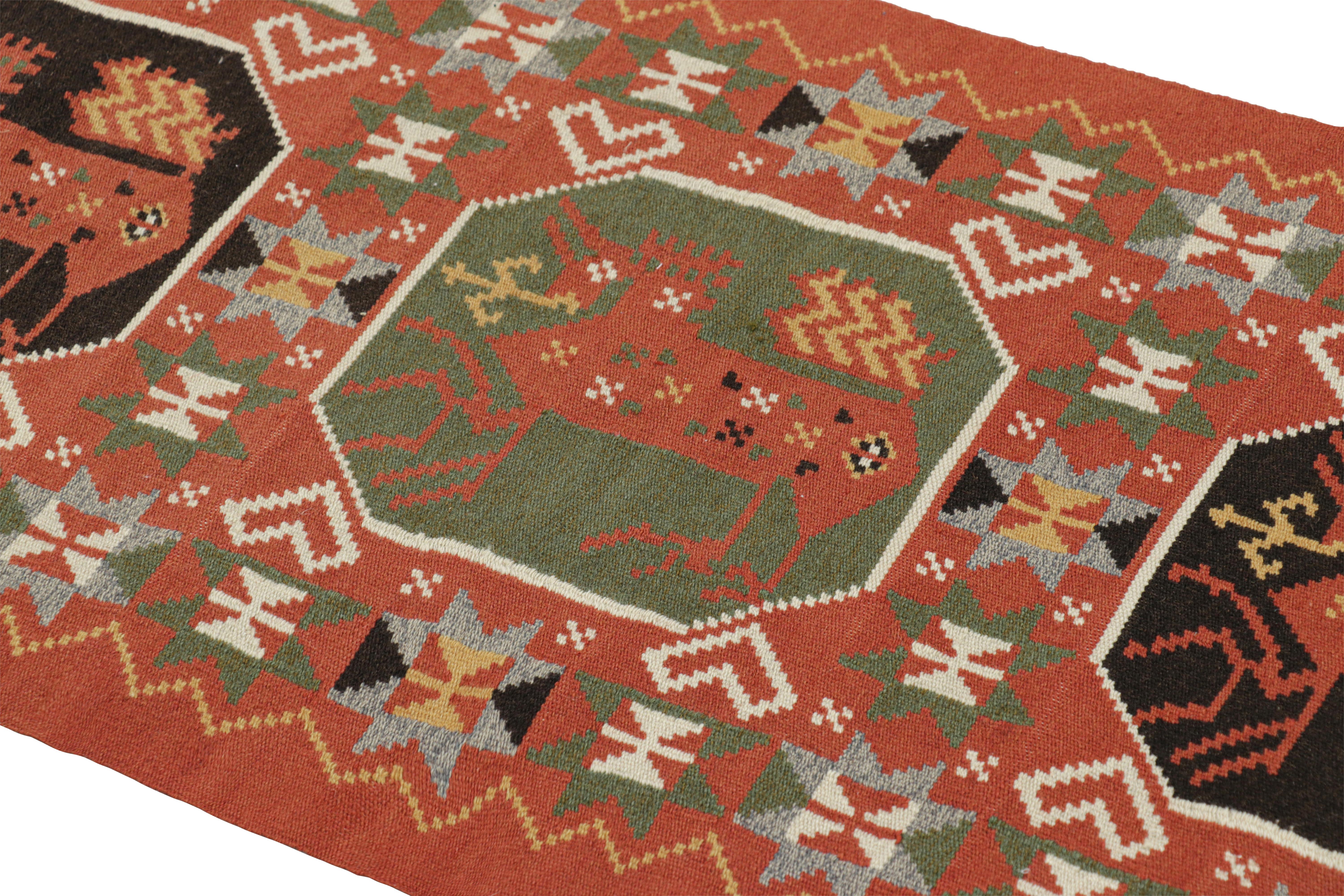 Handwoven in wool circa 1880-1890, this 2x4 antique Swedish tapestry flatweave is from Rug & Kilim’s new collection of classic Scandinavian tapestries and folk art. 

On the Design: 

Bright red tones underscores pictorials and geometric patterns in