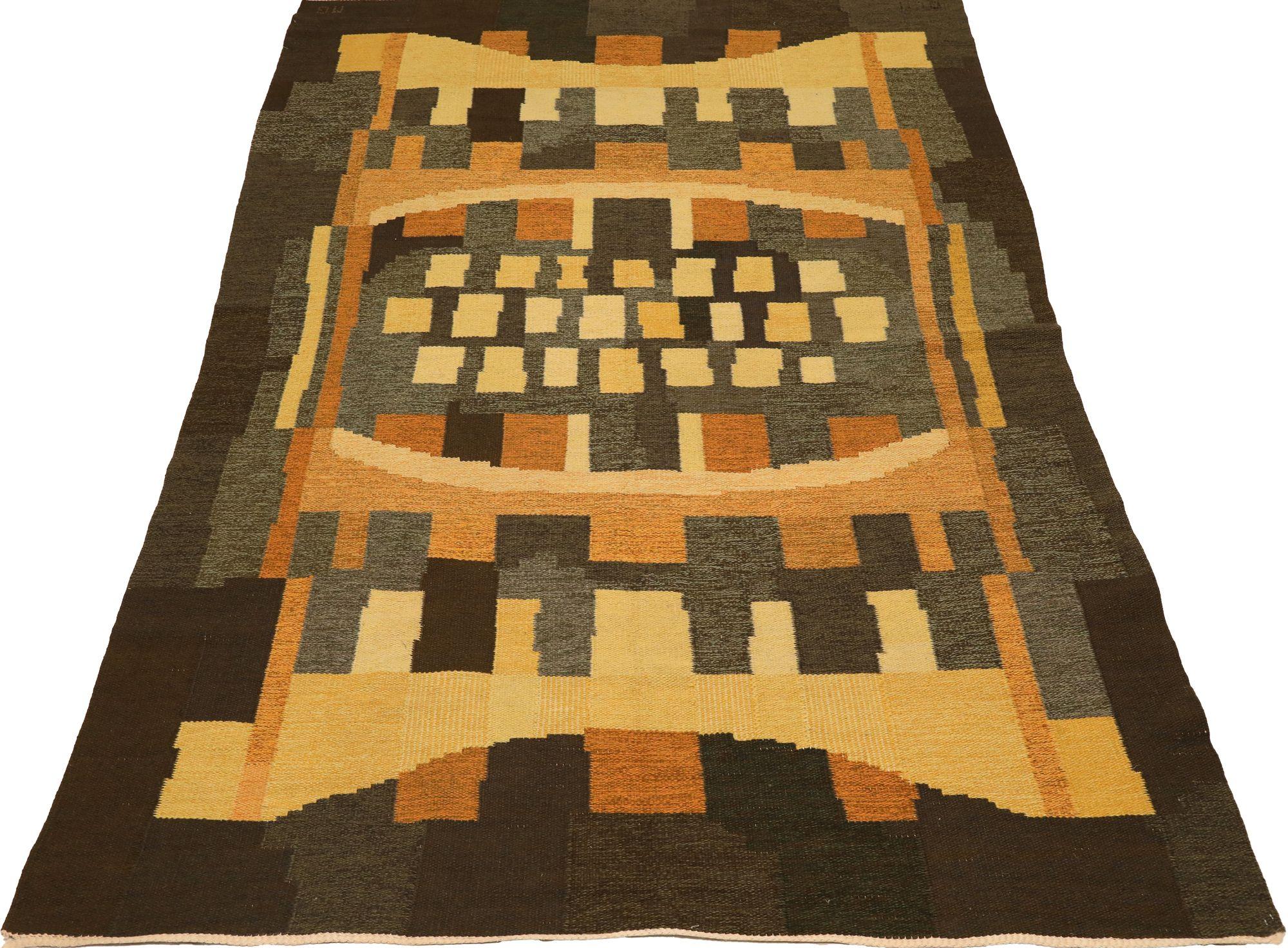 Beautiful flatweave Swedish rug. Based on the geometric abstract design, colors, and visible initials 