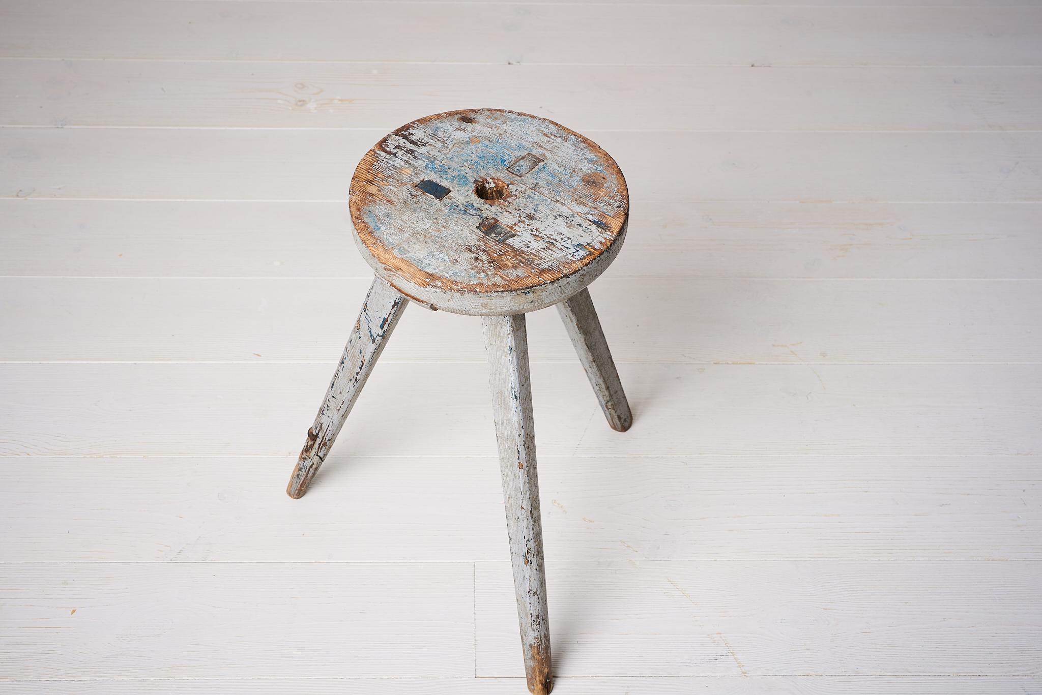 Hand-Crafted Antique Swedish Rustic Folk Art Stool For Sale