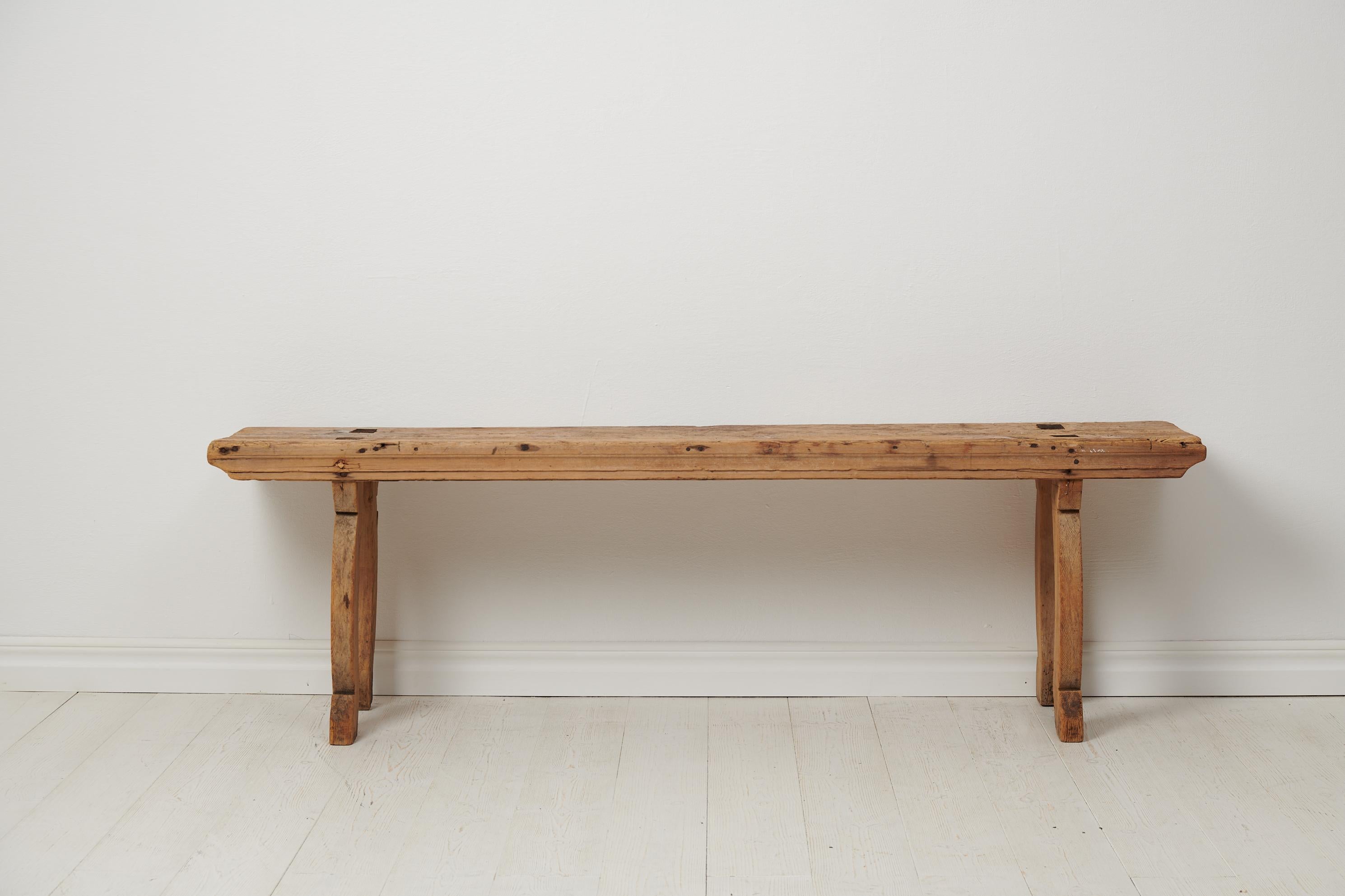Hand-Crafted Antique Swedish Rustic Solid Pine Bench For Sale