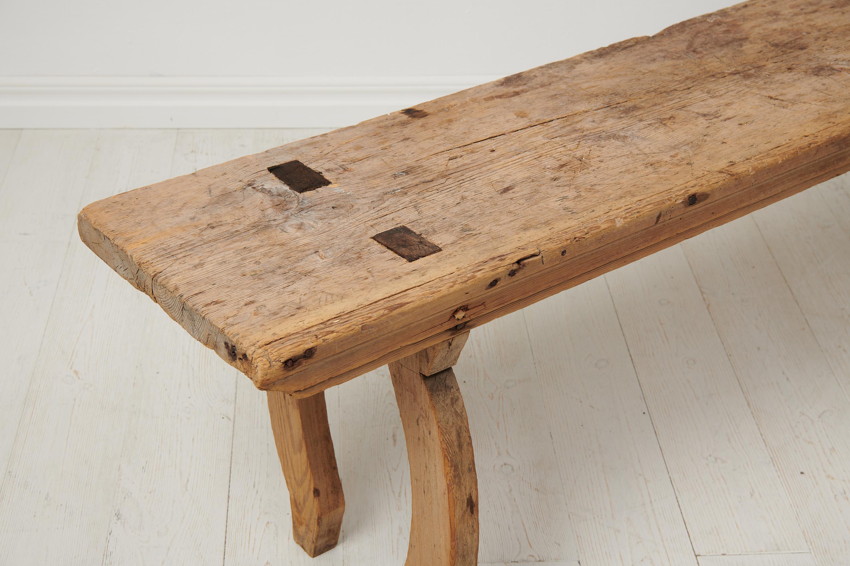 Antique Swedish Rustic Solid Pine Bench For Sale 1
