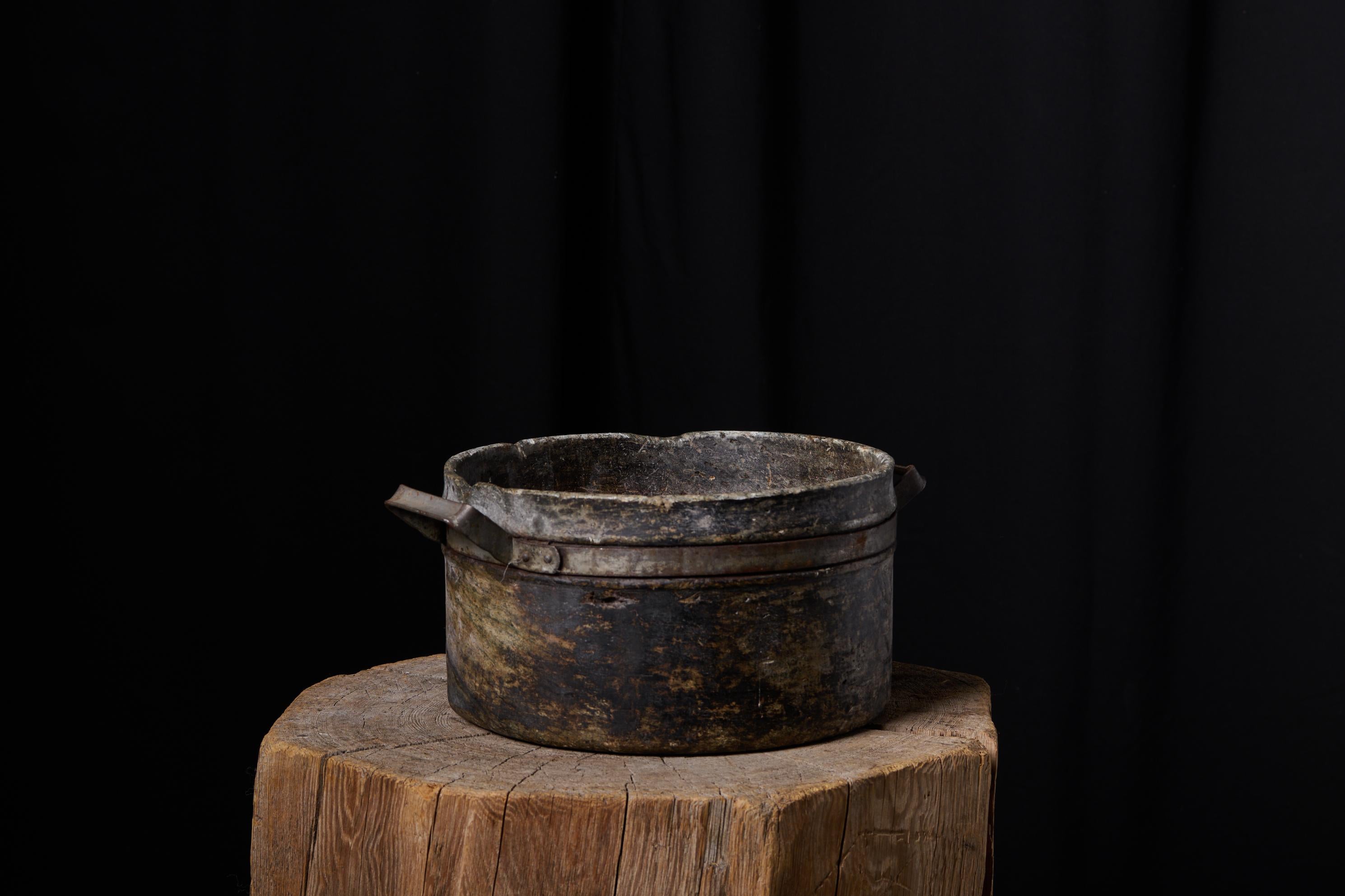 19th Century Antique Swedish Soapstone Stone Pot with Hand Wrought Iron and a Genuine Patina For Sale