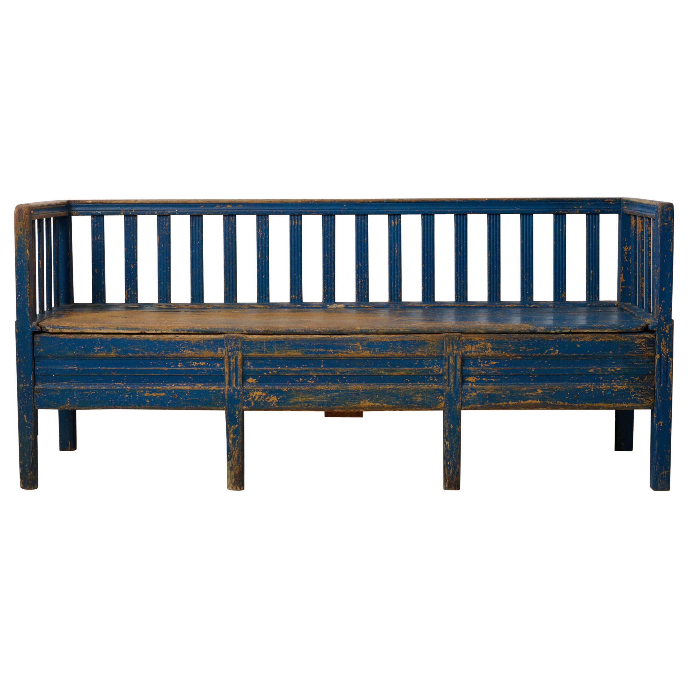 Antique Swedish Sofa Bench in Gustavian Style, Solid Pine with Blue Paint