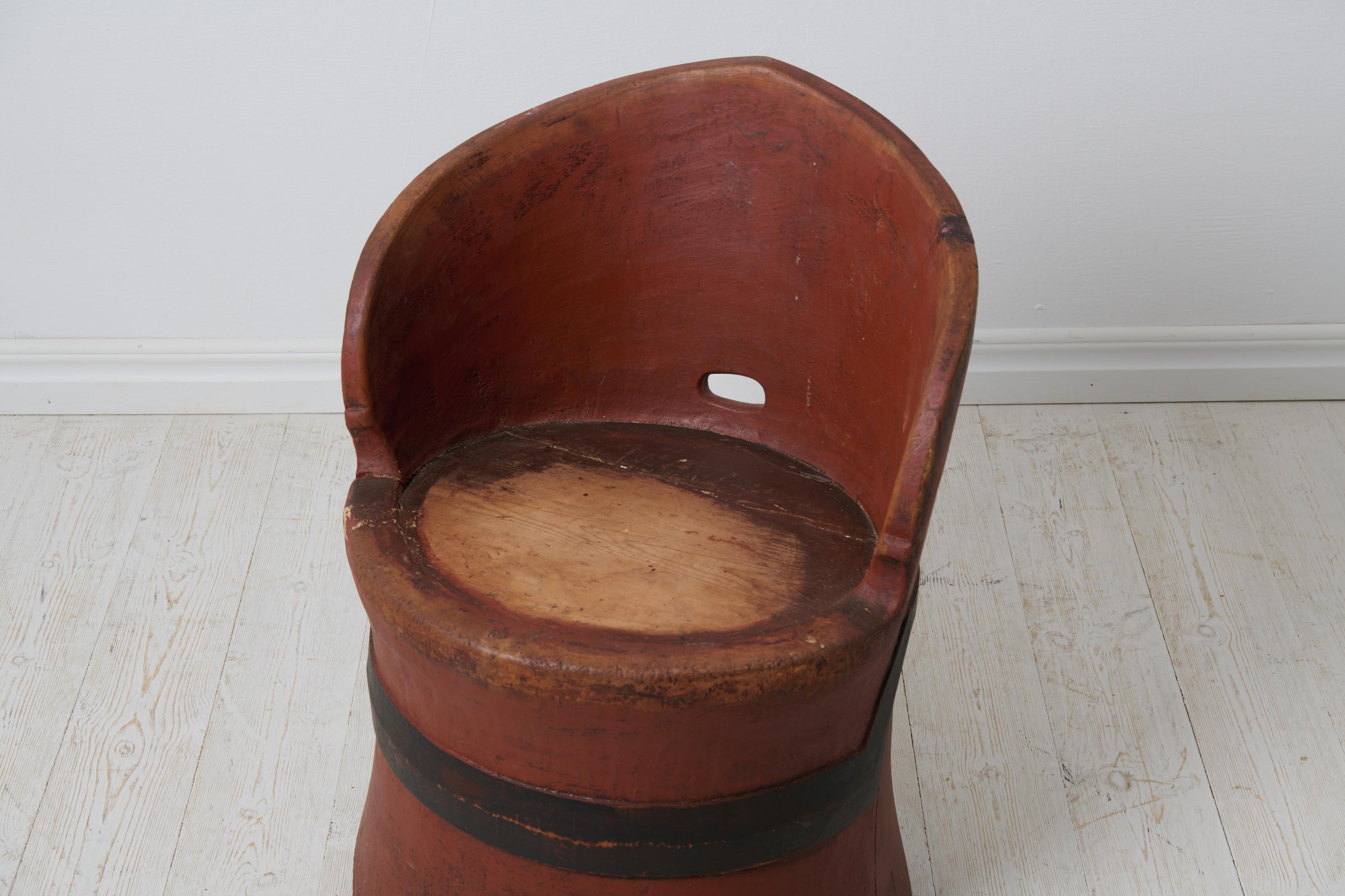 Pine Antique Swedish Stump Chair, Genuine Country Furniture with Original Red Paint  For Sale