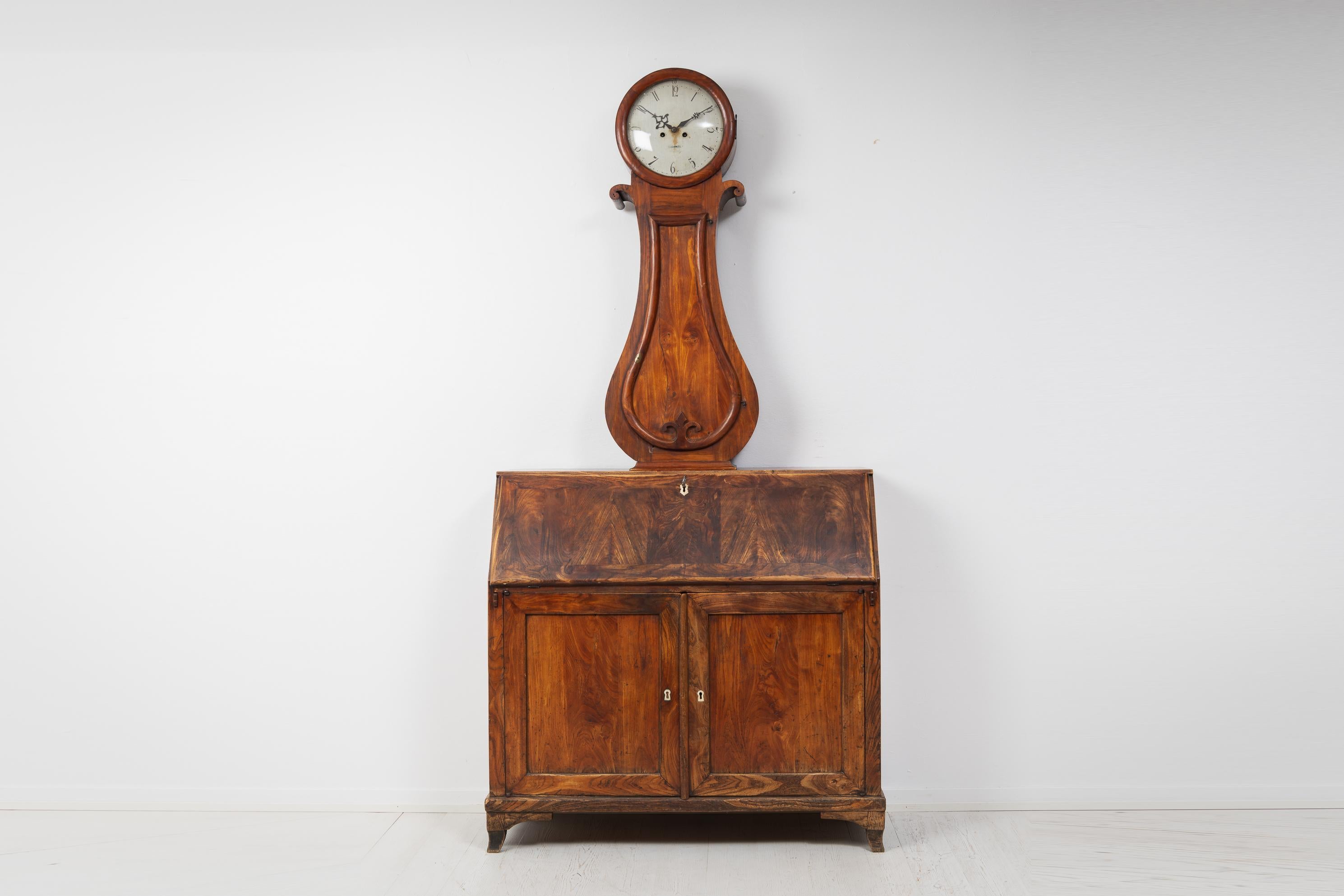 Folk Art Antique Original Clock Cabinet from Sweden, Hand-Crafted Untouched Veneered Elm For Sale
