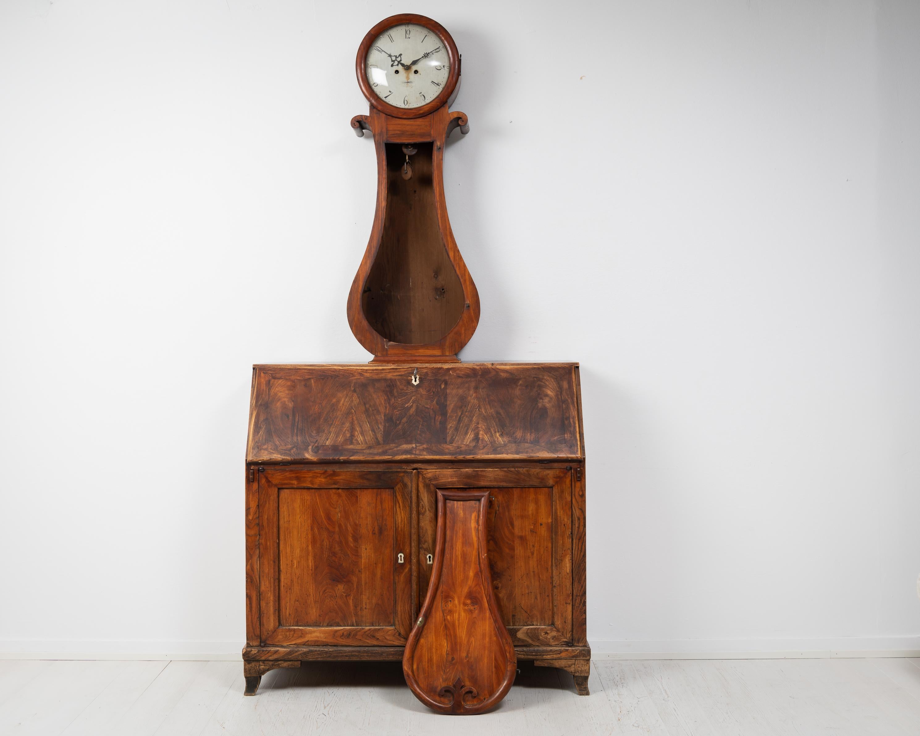 Swedish Antique Original Clock Cabinet from Sweden, Hand-Crafted Untouched Veneered Elm For Sale