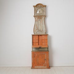 Antique Swedish Unusual Narrow Longcase Clock Cabinet with Bureau and Drawers