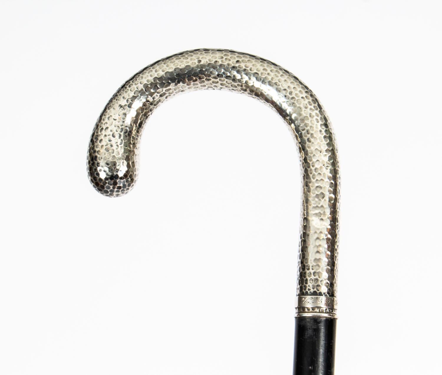 Ebonized Antique Swedish Walking Cane Stick Silver Handle, 1910s