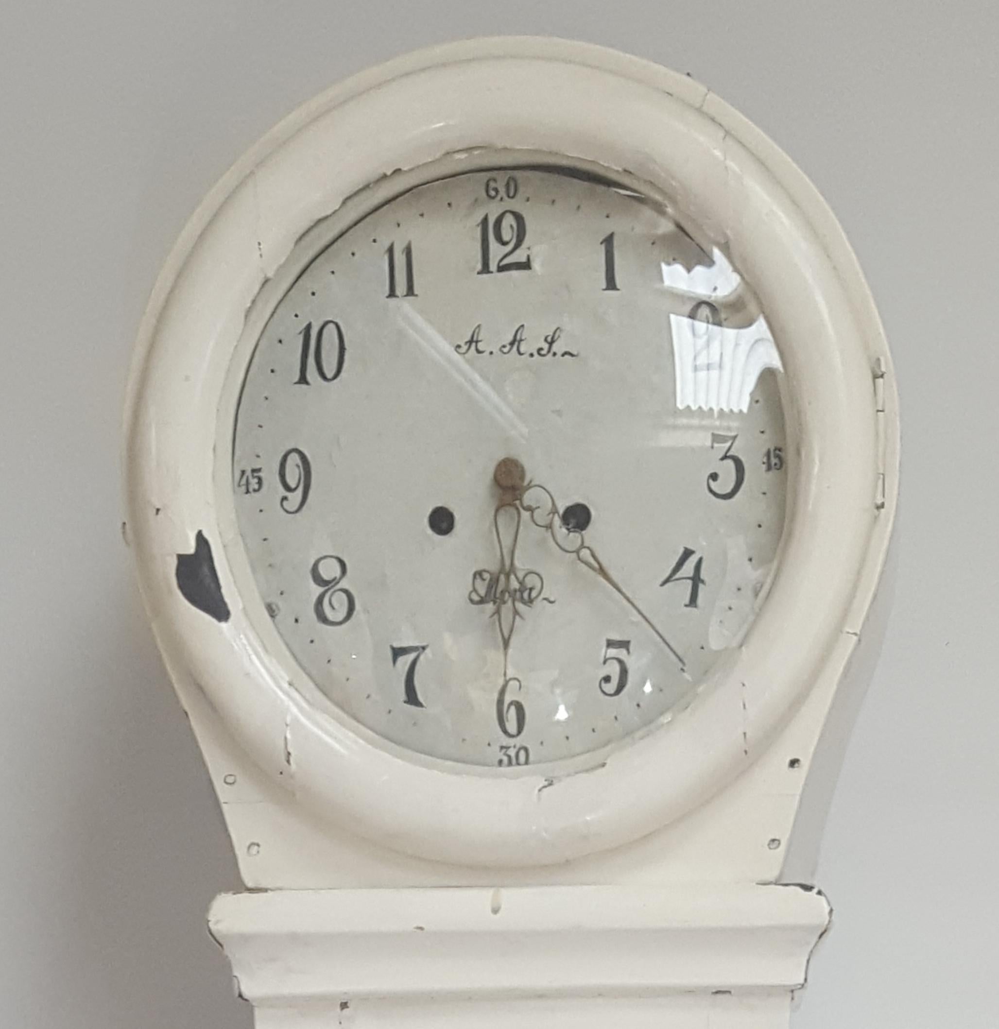 Hand-Painted Antique Swedish White Mora Clock Country, Early 1800s