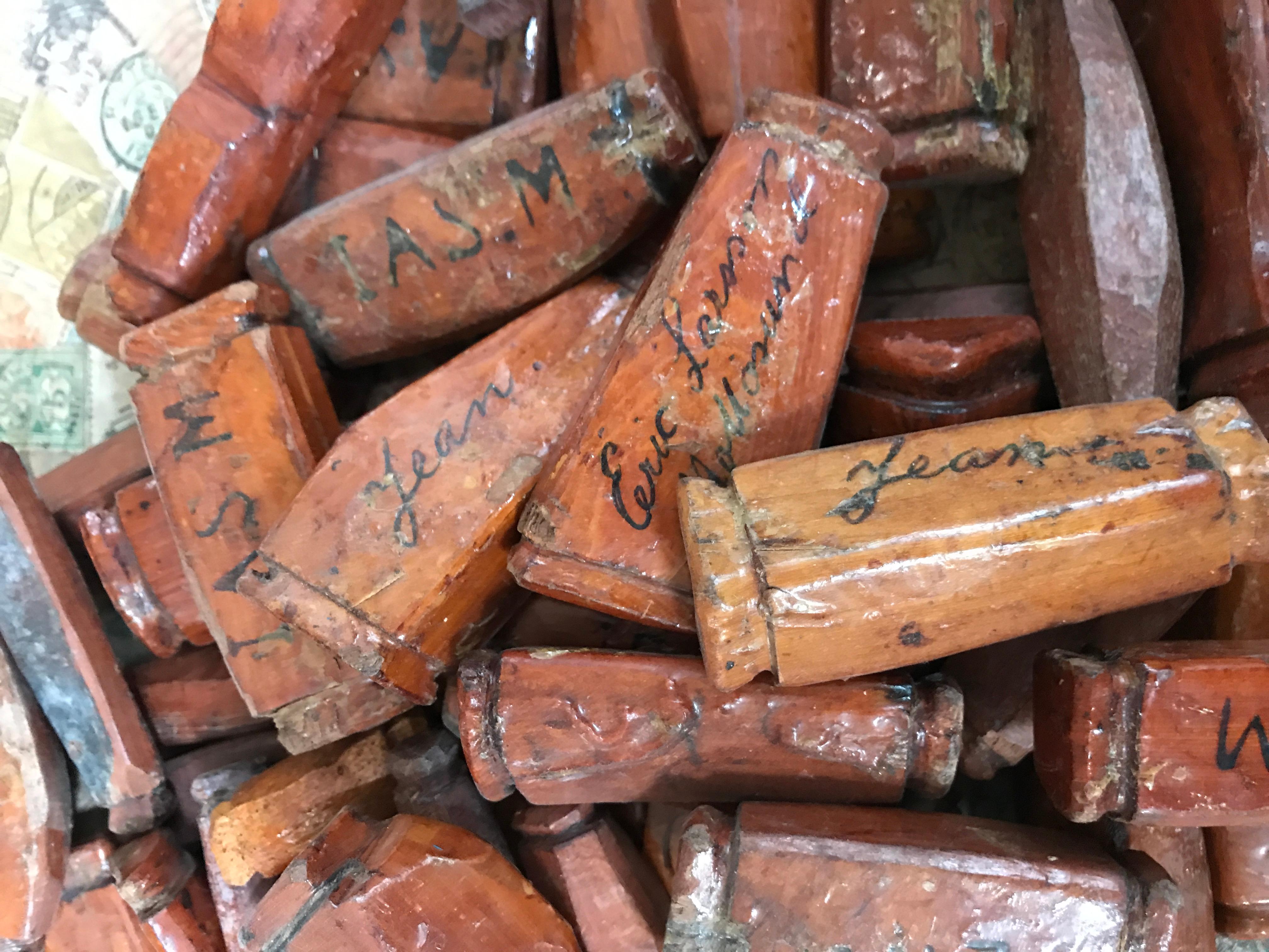 A very cool and unusual collection of 58 Swedish carved wood fishing net identification tags. These tags are from different fishermen's nets and are used in coastal villages to identify lost fishing nets.
Very decorative displayed in a glass bowl