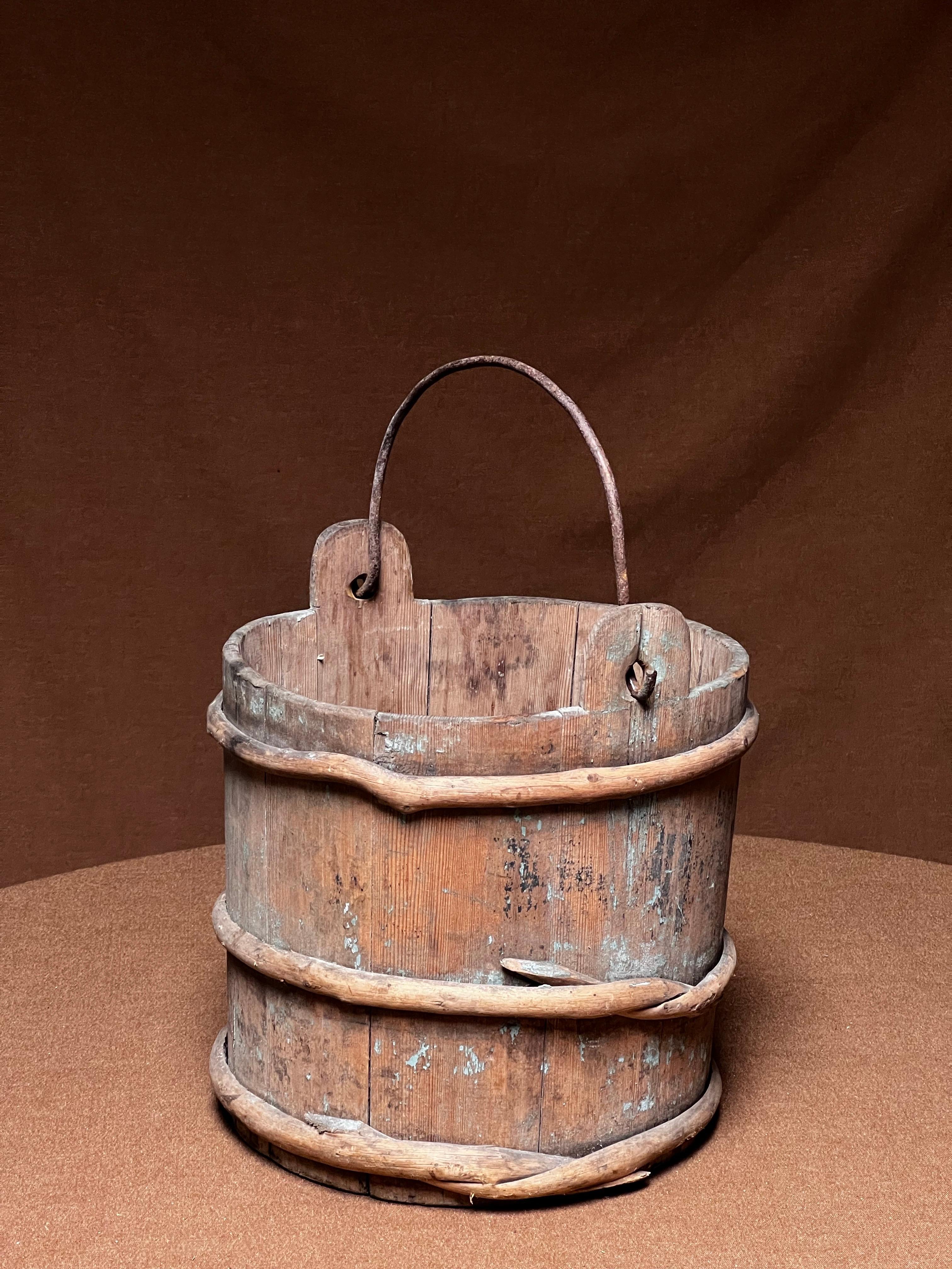 Folk Art Antique Swedish Wooden basket 1800's painted in blue tones Handmade Folk Craft For Sale