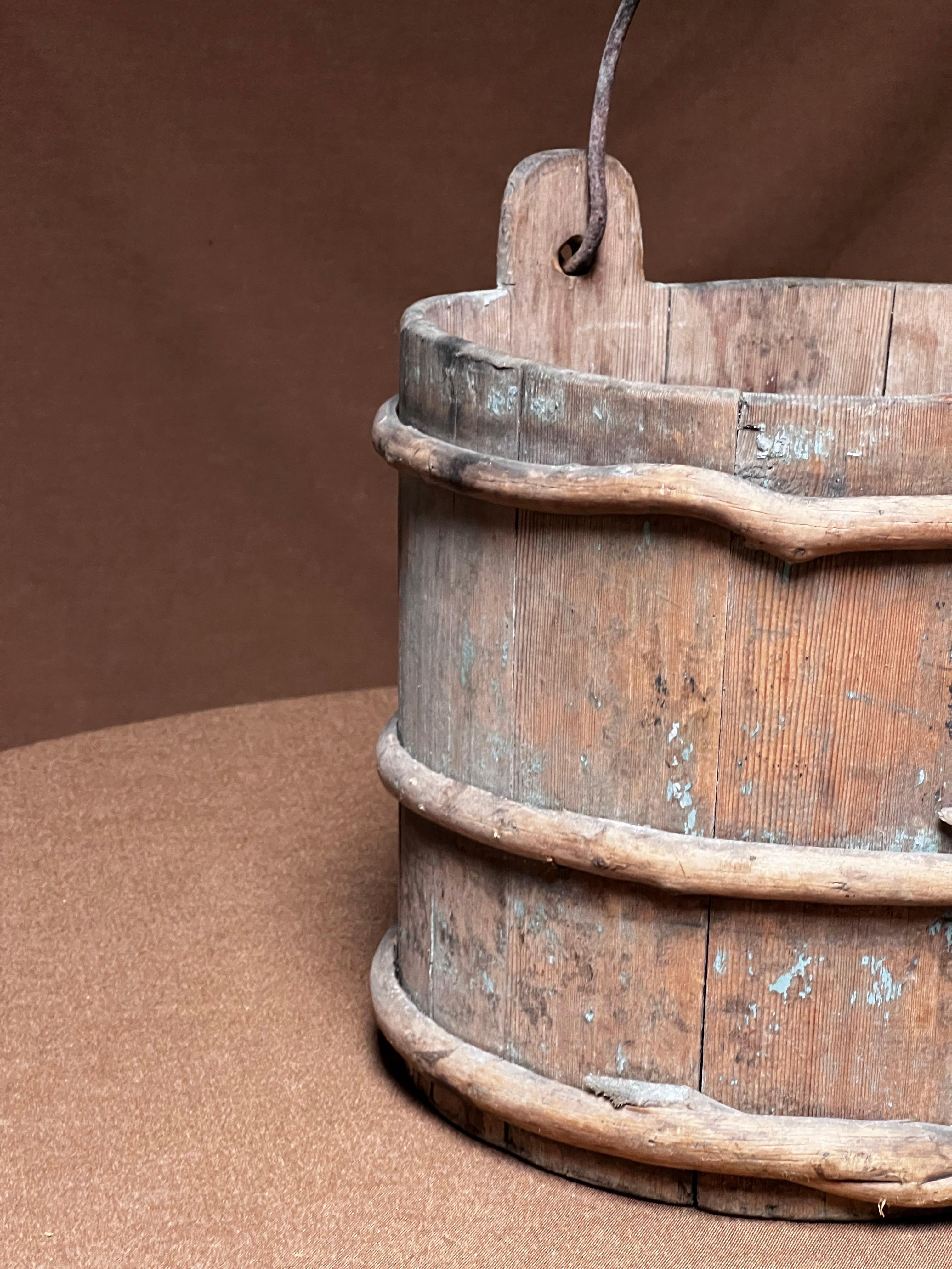 19th Century Antique Swedish Wooden basket 1800's painted in blue tones Handmade Folk Craft For Sale